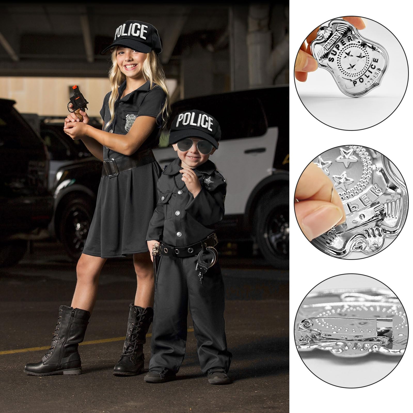 EUPSIIU 3 Pieces Police Costume Adult Kids Police Baseball Hat Sunglasses Cuffs Badge Halloween Cop Fancy Dress Hat Role Play Cosplay Party Embroidery Hats Unisex Police Cap Festival Costumes (Black) - Image 4