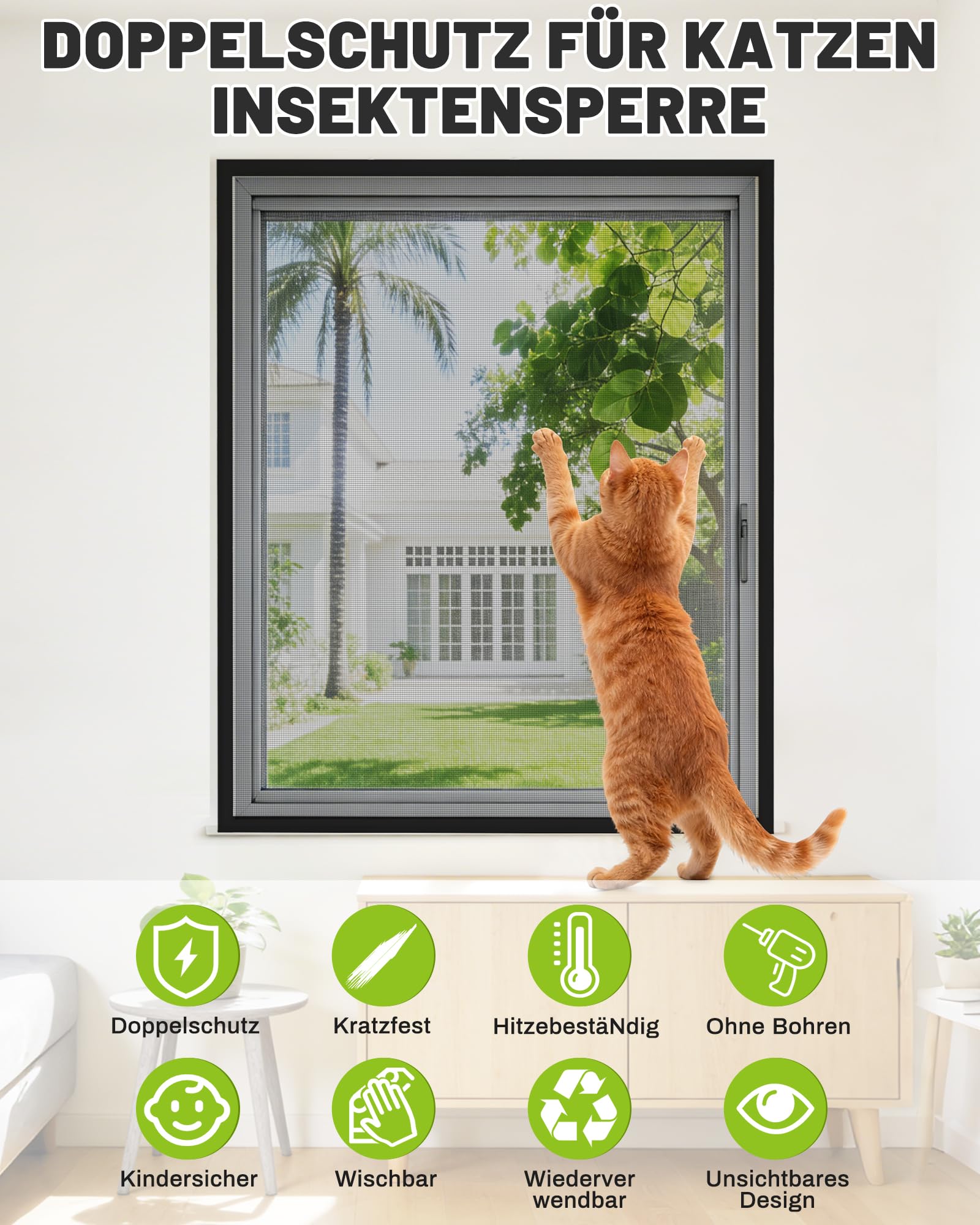 Katzennetz Fensterschutz Katzensicher Ohne Bohren Fliegengitter - 100x120cm Effektiver Insektenschutz Selbstklebend Kein Bohren Keine Beschädigung Kratzfest Für Mietwohnung Und Haus Fenster