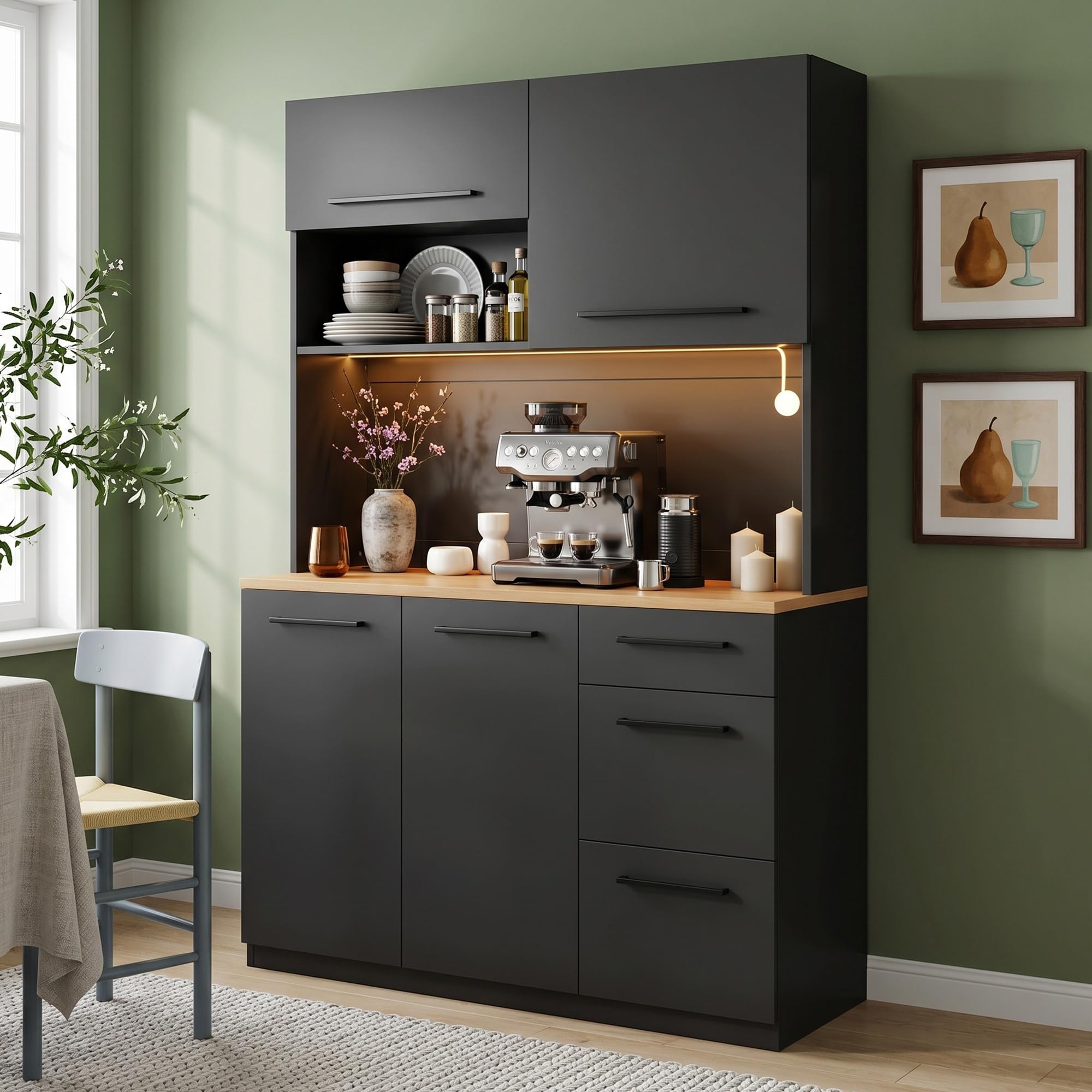 Küchenbuffet mit LED und Steckdosen, Schwarz | 120 x 40 x 180 cm | USB-A/USB-C | Gasdruckklappe | Verstellbare Böden
