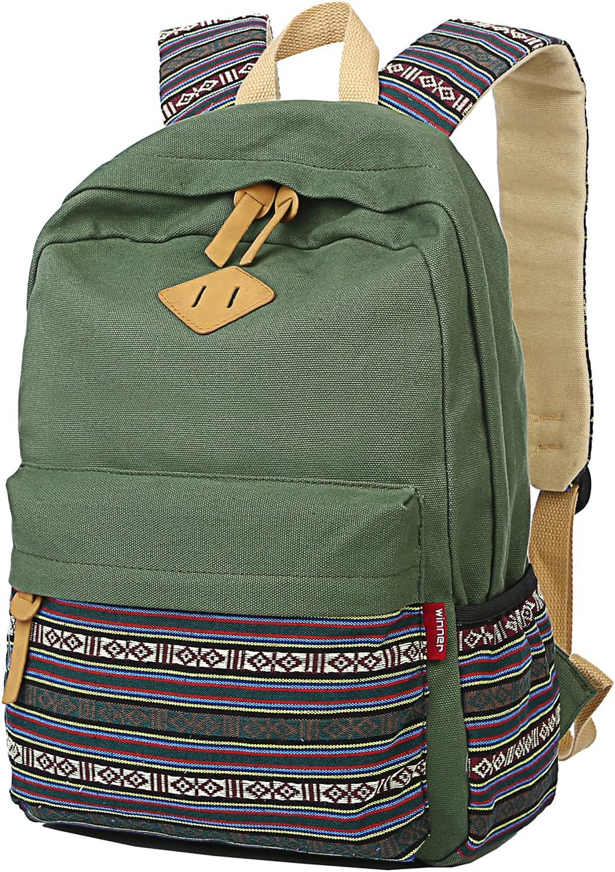 mygreen Kawaii Girls Backpack for School - Lightweight Canvas Backpack for Teens Ages 8-12, Fits 15 Inch Laptop, Cute Boho Floral Design, Durable & Comfortable Army Green - Image 3