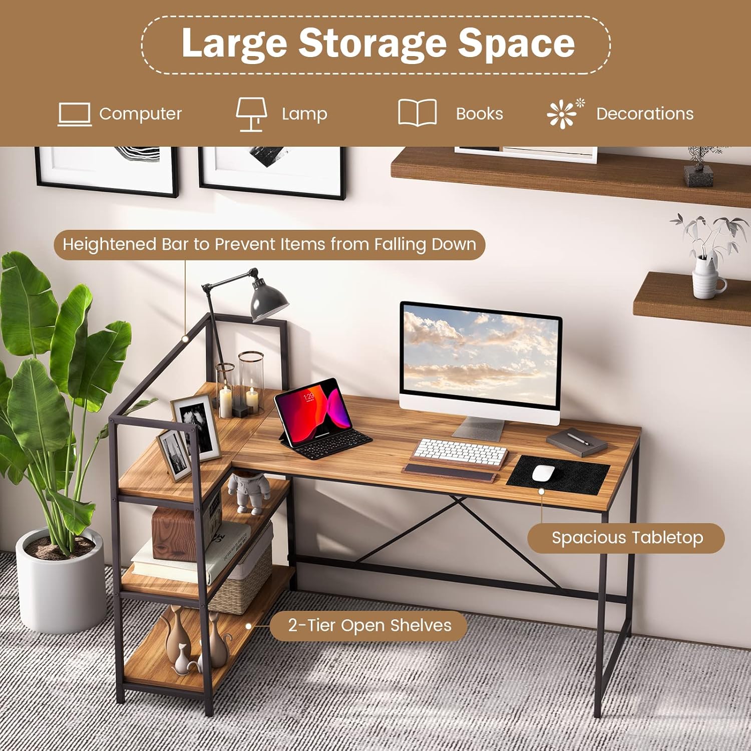 COSTWAY 59 Inch L-Shaped Computer Desk, Large Reversible Corner Desk with Open Storage Shelves, Space-Saving Writing Study Table PC Laptop Gaming Desk, for Home Office (Black + Walnut)