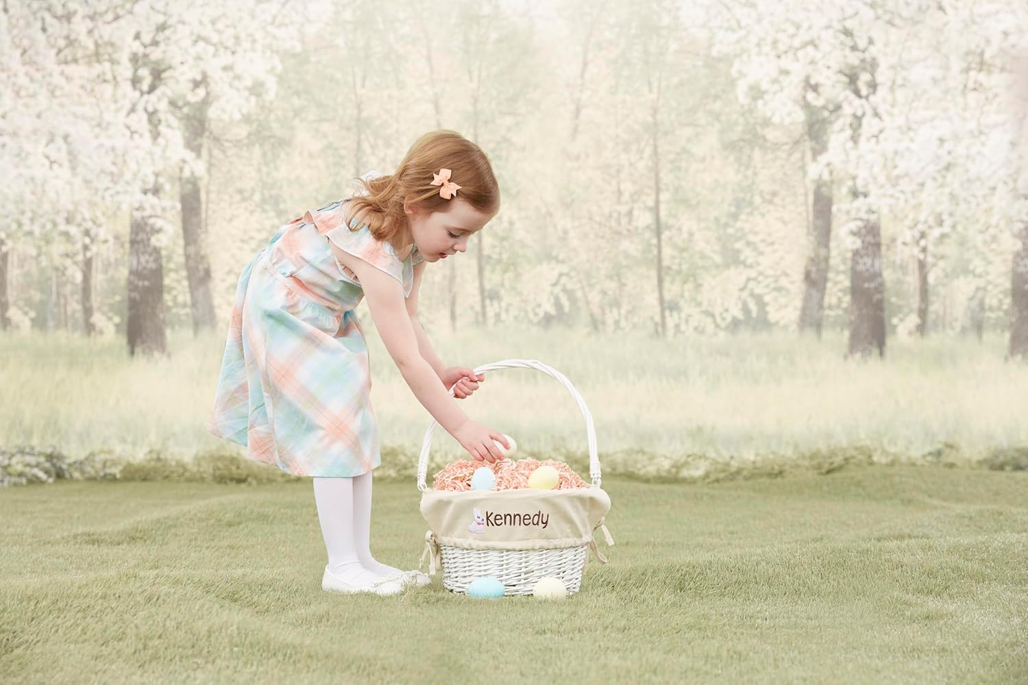 Personalization Universe Personalized Bunny Name Easter Basket – Custom Kids Easter Egg Basket – Embroidered Light Blue Basket Liner – Hand-Woven White Willow Basket with Folding Drop-Down Handle