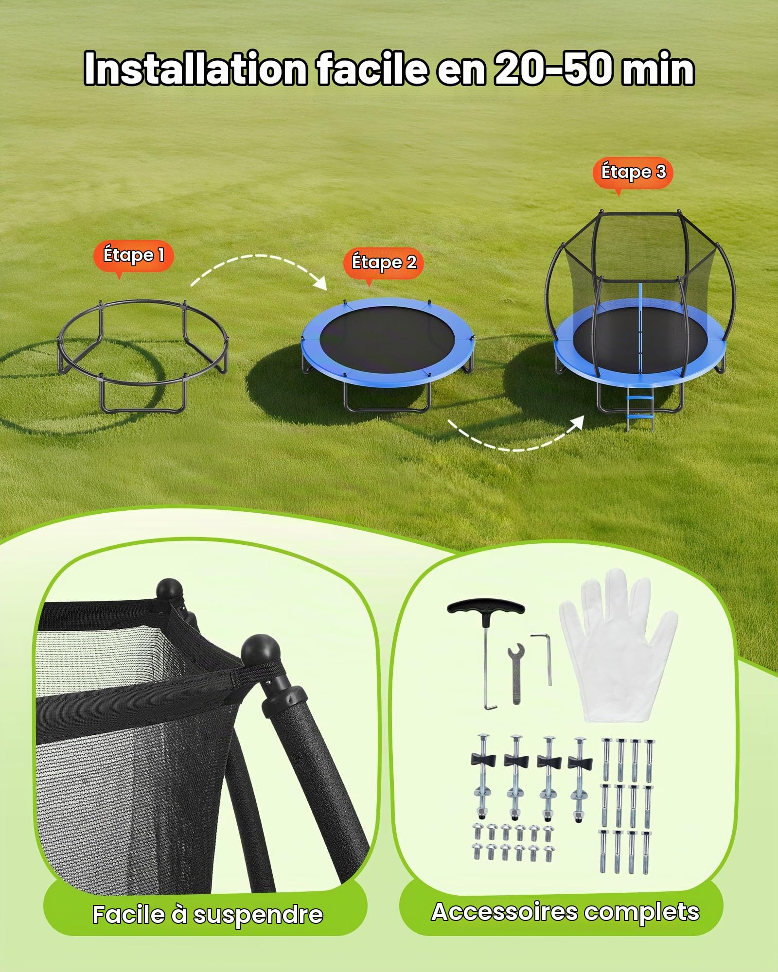 VEVOR Trampoline d'extérieur, 244 x 244 cm, Trampoline de Loisirs antirouille avec Filet de sécurité et Coussin épais, certifié ASTM, capacité de Charge maximale de 120 kg, pour Enfants et Adultes