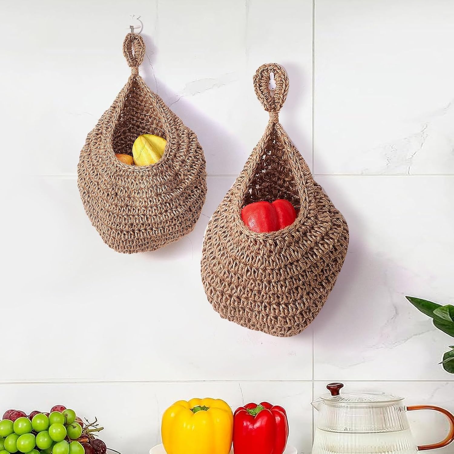 Hanging Fruit Basket Wall Hanging Basket Kitchen Organizer Produce Holder Storage Macrame Basket for Wife Mom 1 Pcs(Brown)