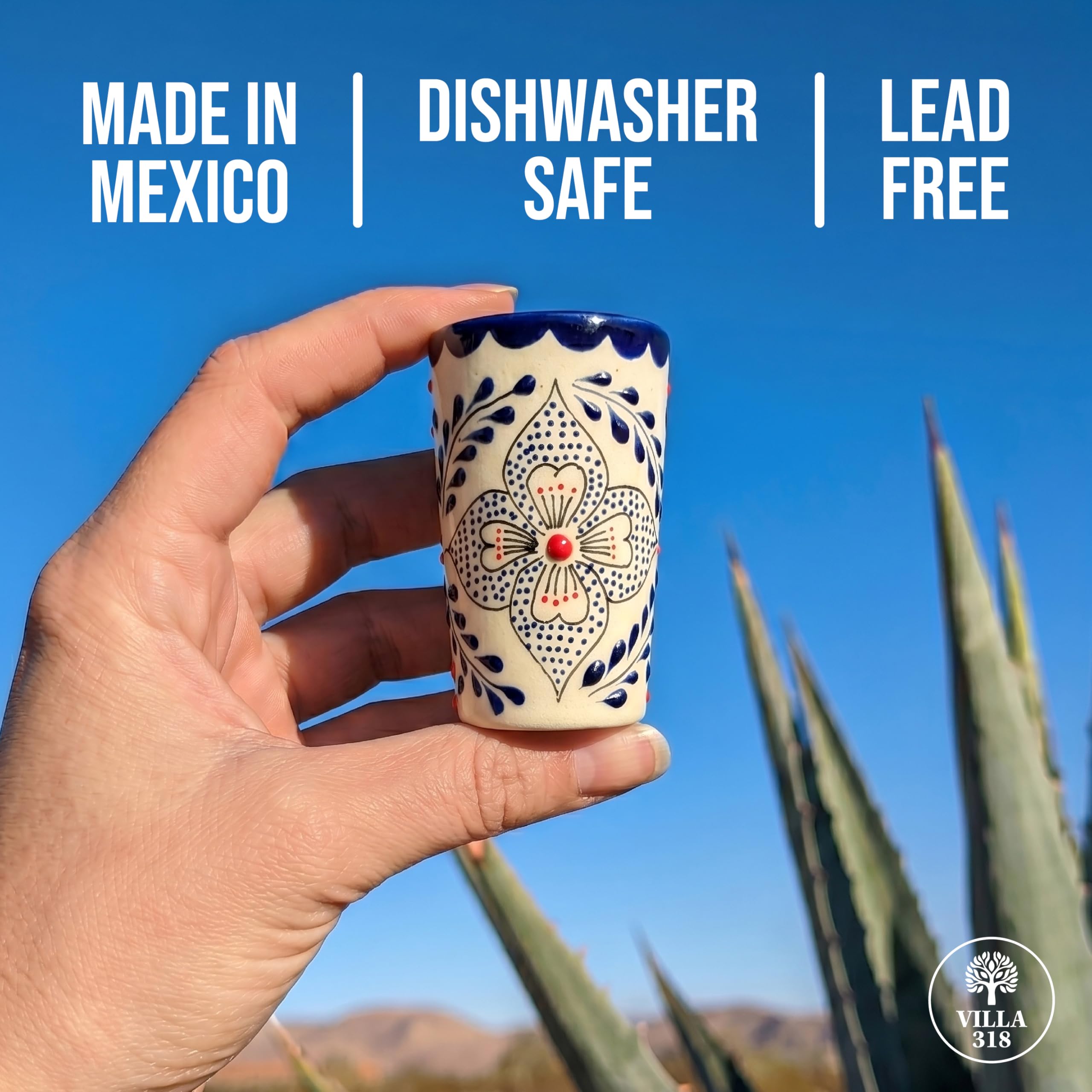 Vasos de chupito de tequila, juego de regalo de tequila hecho a mano, incluye 4 vasos de chupito mexicanos de cerámica. Regalos únicos para los amantes del tequila. Vasos de chupito Talavera