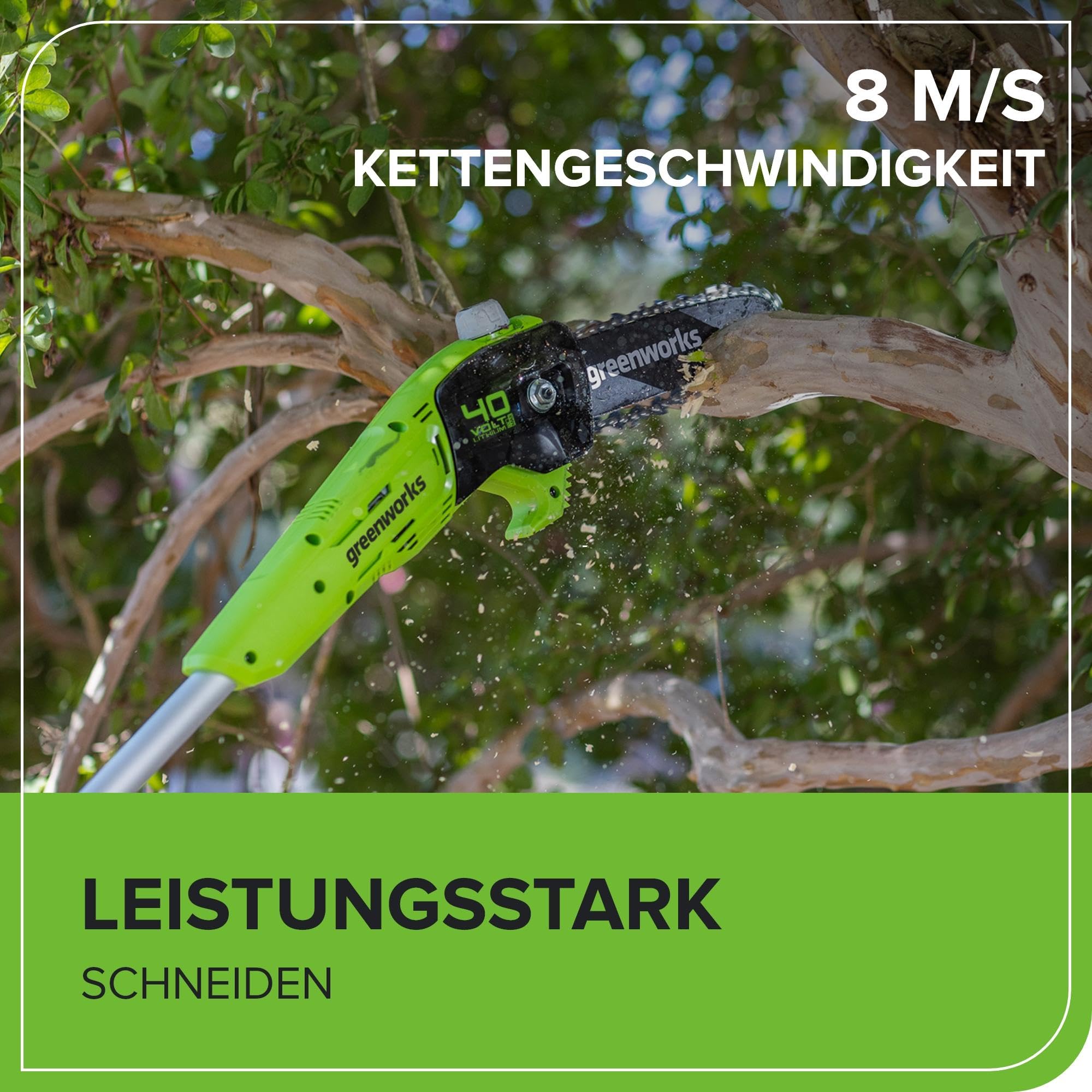 Greenworks G40PSF Akku Hochentaster, 20 cm Blattlänge, 8 m/s Kettengeschwindigkeit, 3,64 kg, automatisches Öl-System, 80 ml Öltank, 2.58m Stangenreichweite OHNE 40V Akku & Ladegerät, 3 Jahre Garantie
