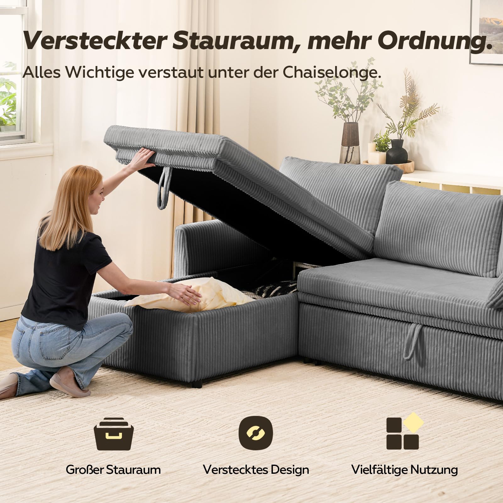 HOMRELEXA Ecksofa mit Schlaffunktion, Cord-Bezug Schlafcouch in L-Form, Schlafsofa Ausziehbar, Ausziehbares Sofa mit Stauraum, Umkehrbare Chaiselongue (Links oder rechts), Grau