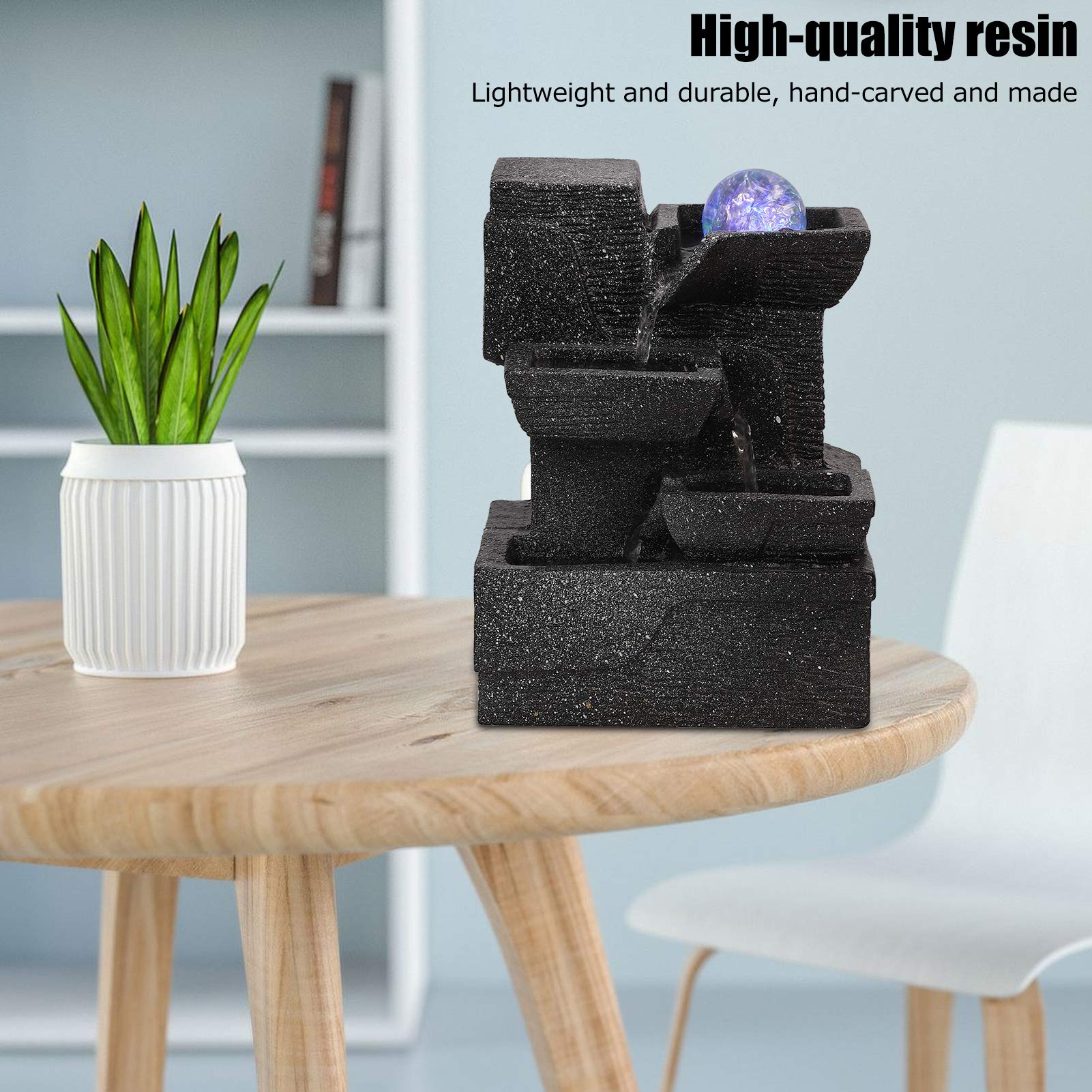 Tissting Fuente de Sobremesa, Resina Rocalla Manantiales de Agua Bola de Cristals Adorno de Iluminación para Interior Feng Shui Decoración de Mesa de Oficina en Casa AC220-240V