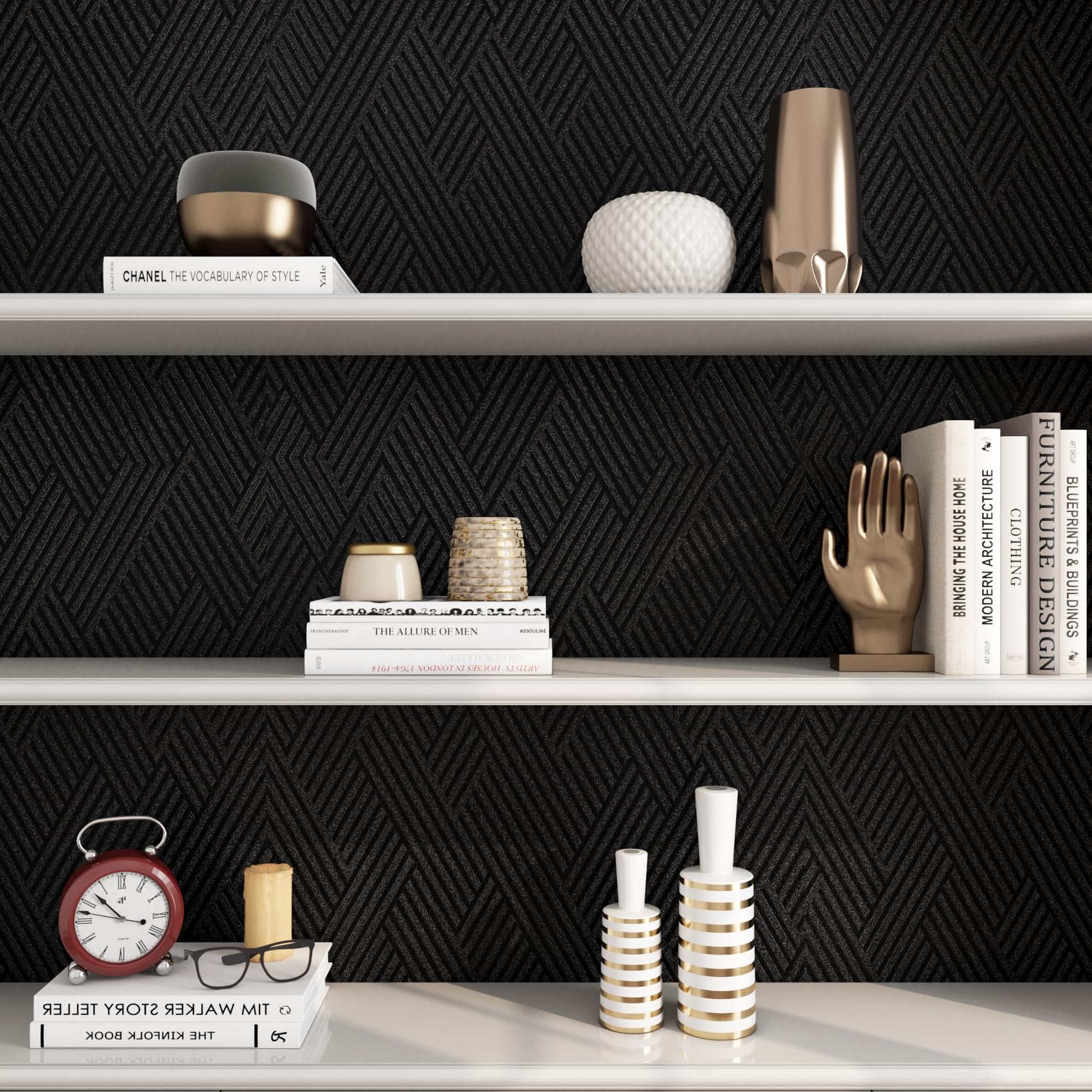 FunStick 60CMx5M Papel Pintado Autoadhesivo Pared Dormitorio Salon Papel Pared Negro Geometrico Revestimiento Pared Negro Abstracto Geometrico Vinilo Adhesivo Cocina Puerta Armario Vinilo para Paredes
