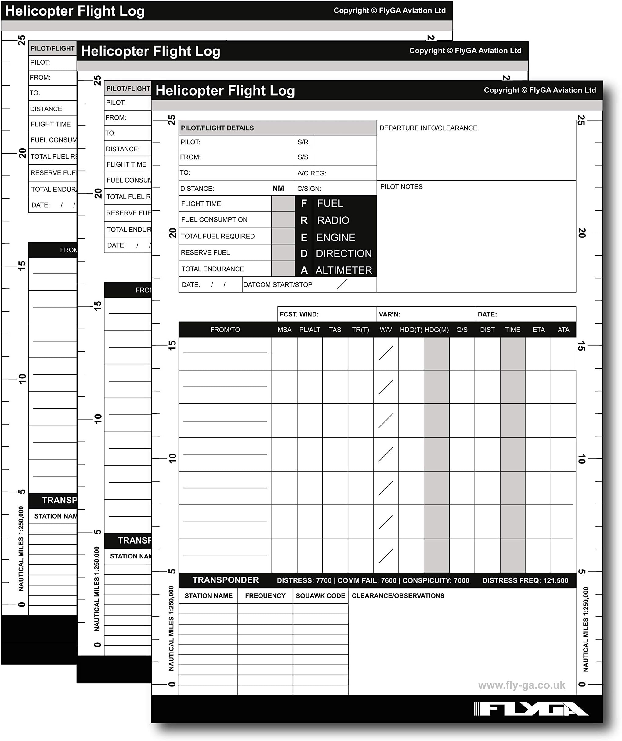 FlyGA A5 VFR Helicopter Log Pad (Flight Plog Book) - 3 Pack - For PPL(H), CPL(H) Aviation Pilots