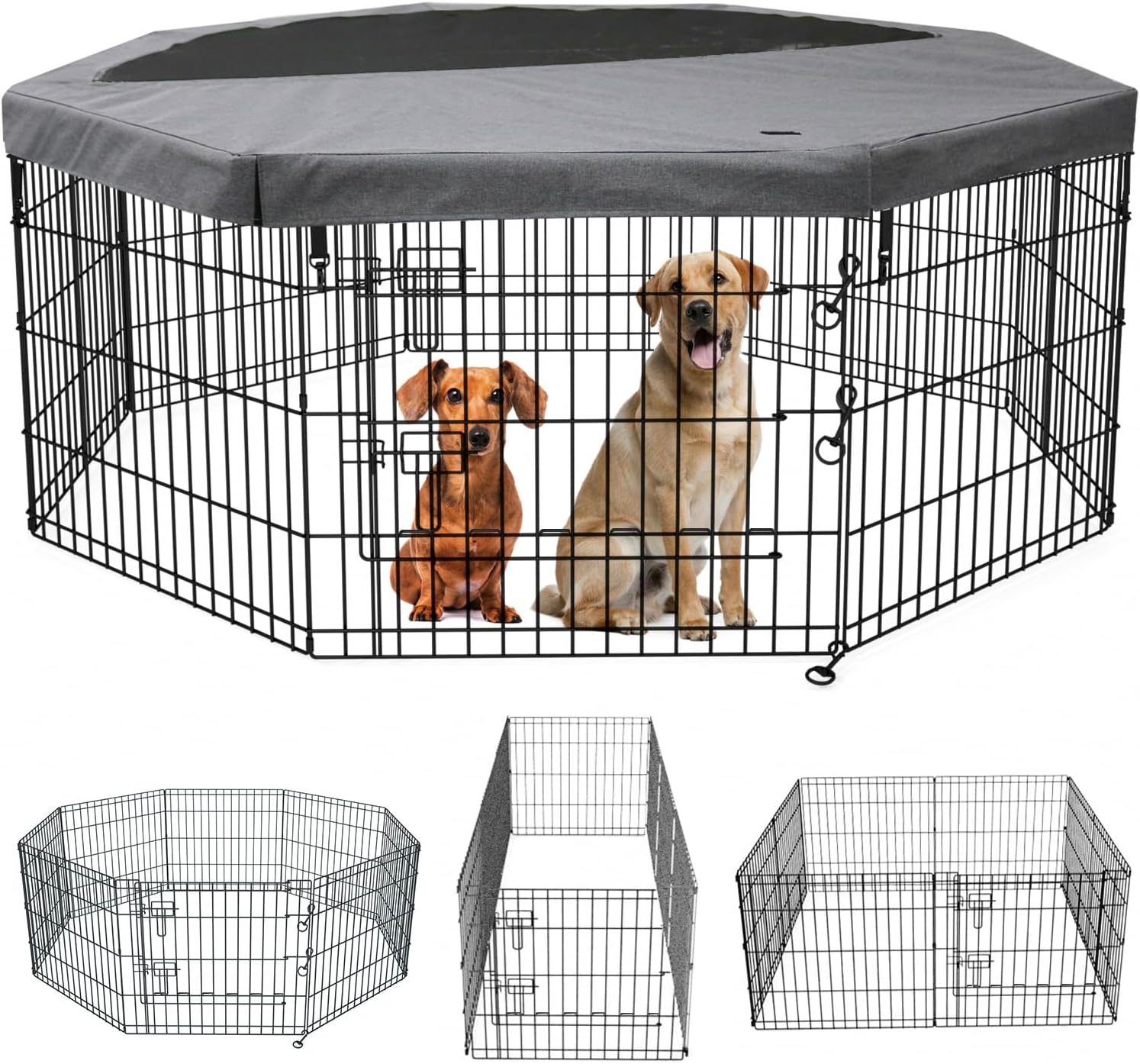 PETIME Foldable Metal Dog Exercise Pen/Pet Puppy Playpen Kennels Yard Fence Indoor/Outdoor 8 Panel 24" W x 24" H with Top Cover (with top Cover, 8 Panels 24" H) Playpen+Top Cover 8 Panels 24"H