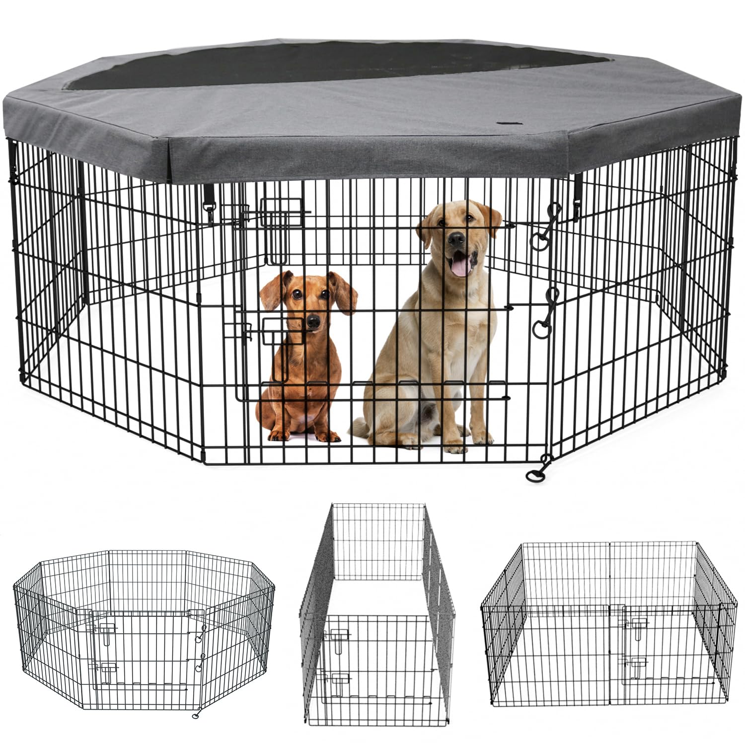 PETIME Foldable Metal Dog Exercise Pen/Pet Puppy Playpen Kennels Yard Fence Indoor/Outdoor 8 Panel 24" W x 24" H with Top Cover (with top Cover, 8