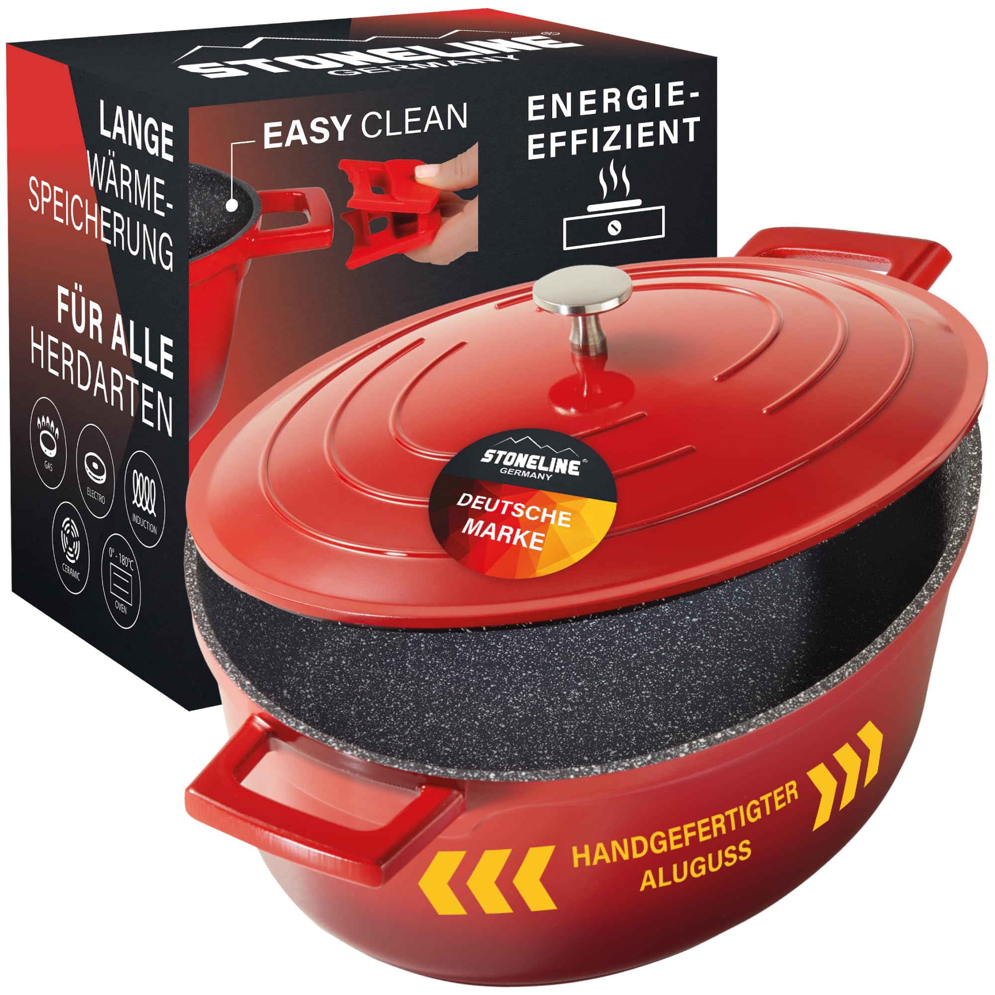 STONELINE Cocotte Induction avec Couvercle 32 cm, 6,6 L, Casserole Antiadhésive Revêtement avec de vraies Particules de Pierre, Braisière Marmite pour Tous Feux et Four, Couleur : Rouge