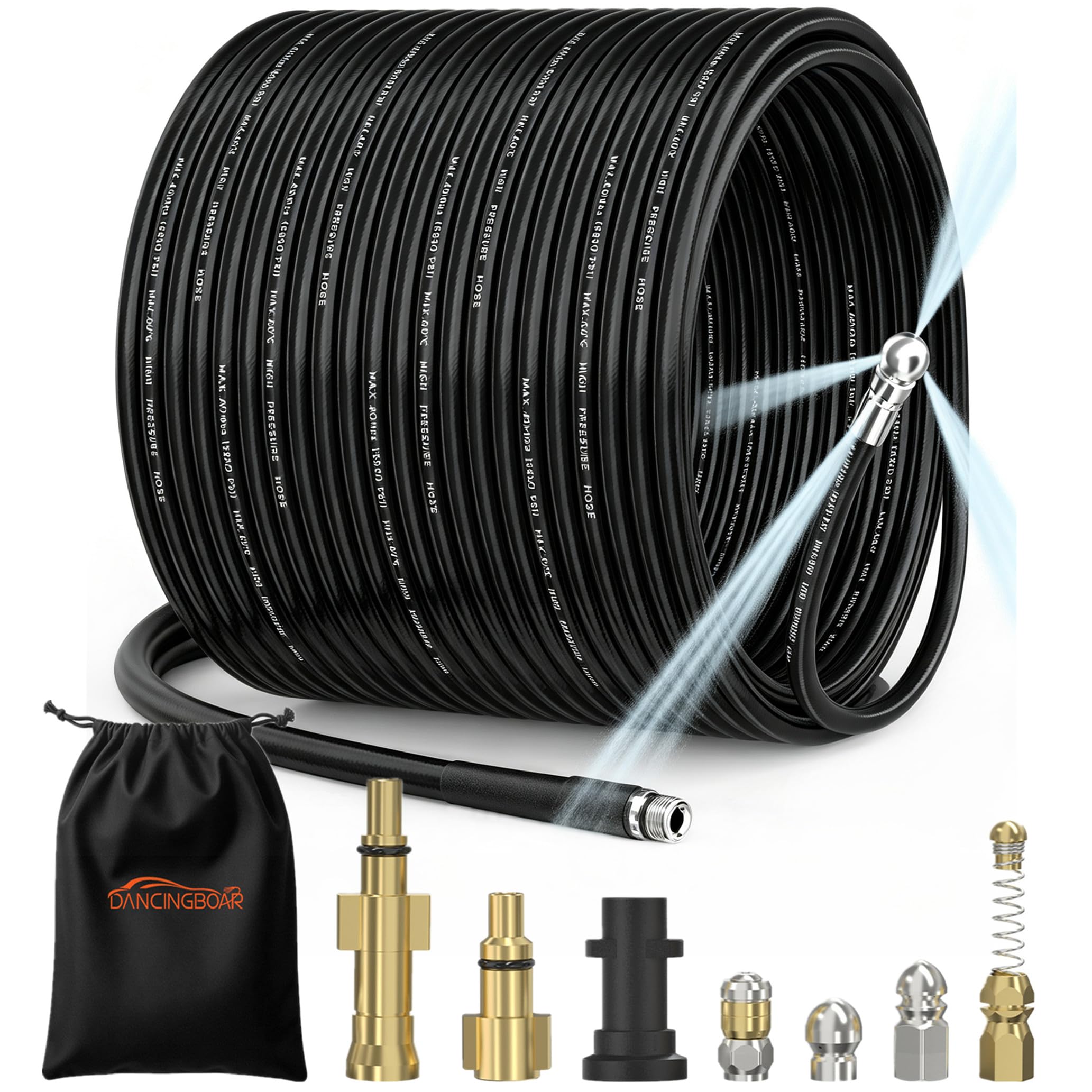 10m Sonda Sturatubi per Idropulitrice, Pulizia Profonda Delle Tubature Kit | per Karcher K2-K7, Bosch AQT, Lavor, sturatubi idropulitrice con 4 Ugelli a Getto e 3 Adattatori