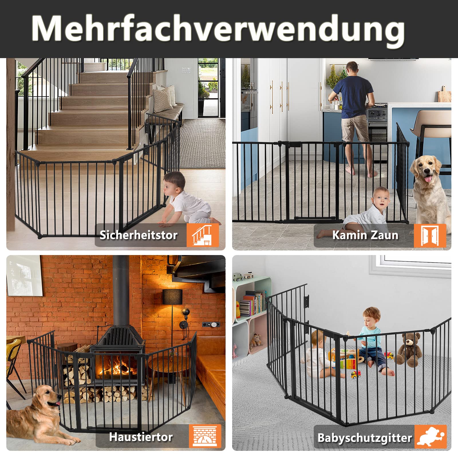 XMTECH Rejilla de protección para chimenea infantil de 5 elementos, aprox. 300 cm, de metal, sin agujeros, para chimenea, para niños, plegable, negro, 75 x 60 cm