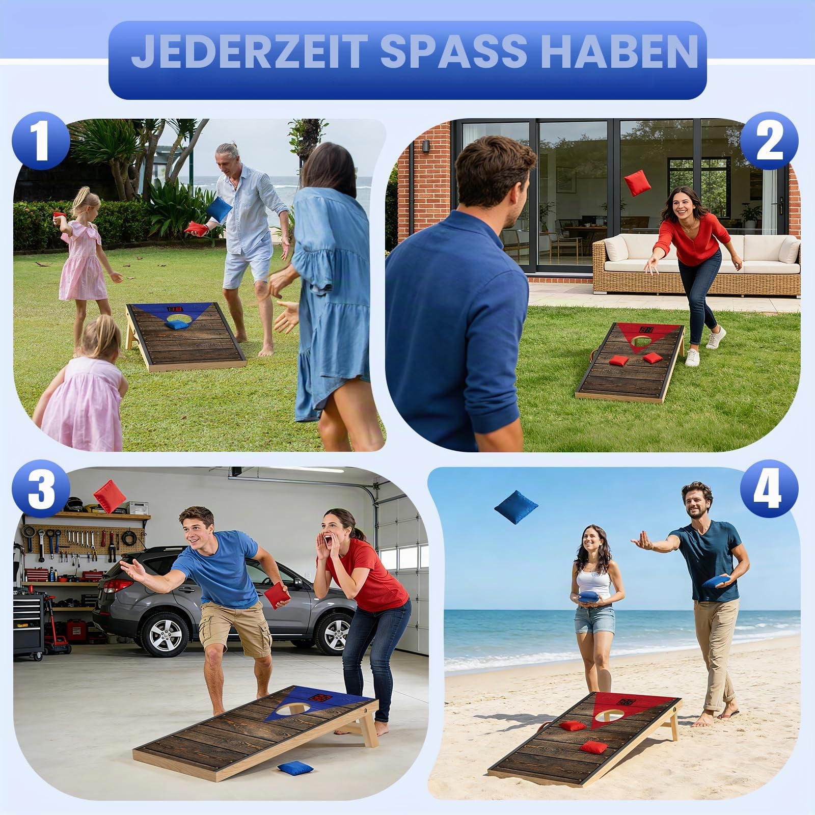 NZQXJXZ Cornhole Spiel Outdoor mit Automatischem Punktezähler, Massivholz Premium Corn Hole Boards, Cornhole-Wurfset mit 8 Cornhole Säckchen & Einer Tragetasche für Garten, Camping, Backyard