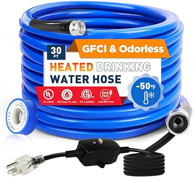 30FT10-50FT Heated Water Hose for Rv,-50F-46C Heated Hose with Leakage Protection,Heated Garden Hose for 5/8" Inner,Self-Regulating Hose Water Heater with 3/4" NH Fittings1pcs
