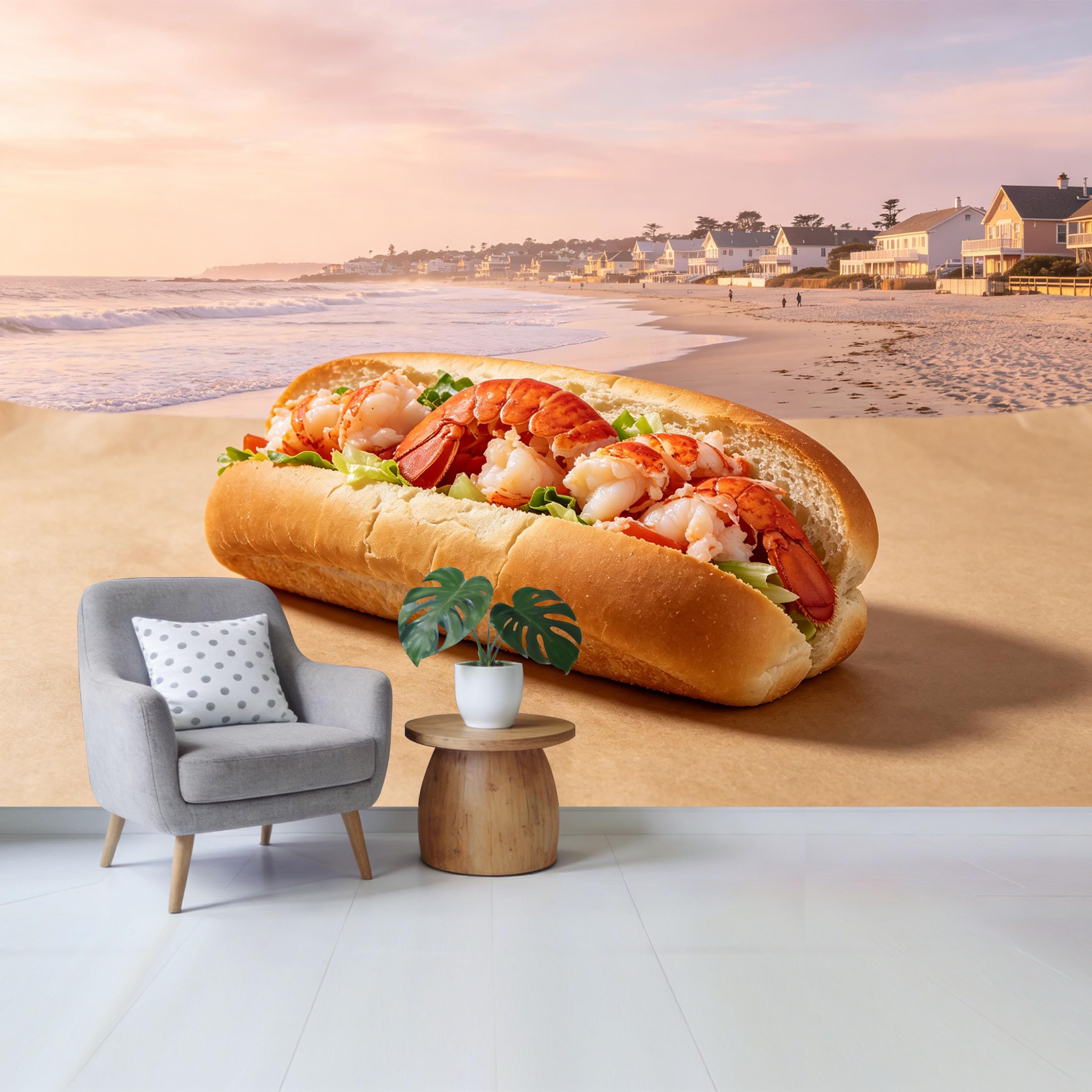 Qzlithotic Yq2605250480 Custom Size Wall Mural Gourmet Lobster Roll Sandwich Coastal Beach House Sunset View Selfadhesive Wall Fabric Removable Wallpaper For Home Office Decor