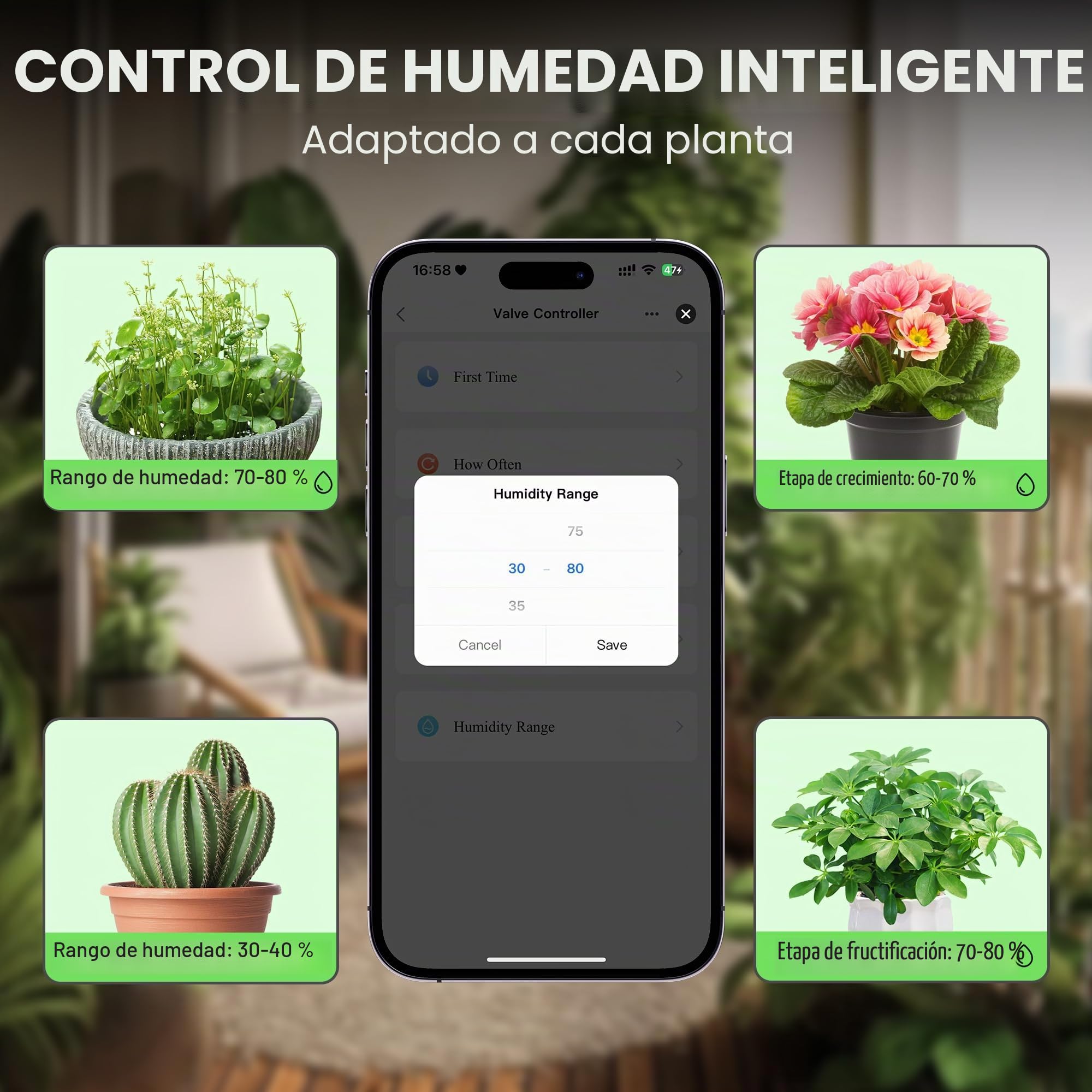 Raddy Sistema de riego solar WS-74 con control de aplicación inteligente, IPX7 resistente al agua, sensor de humedad del suelo ajustable, batería de 2600 mAh, juego de riego automático por goteo para