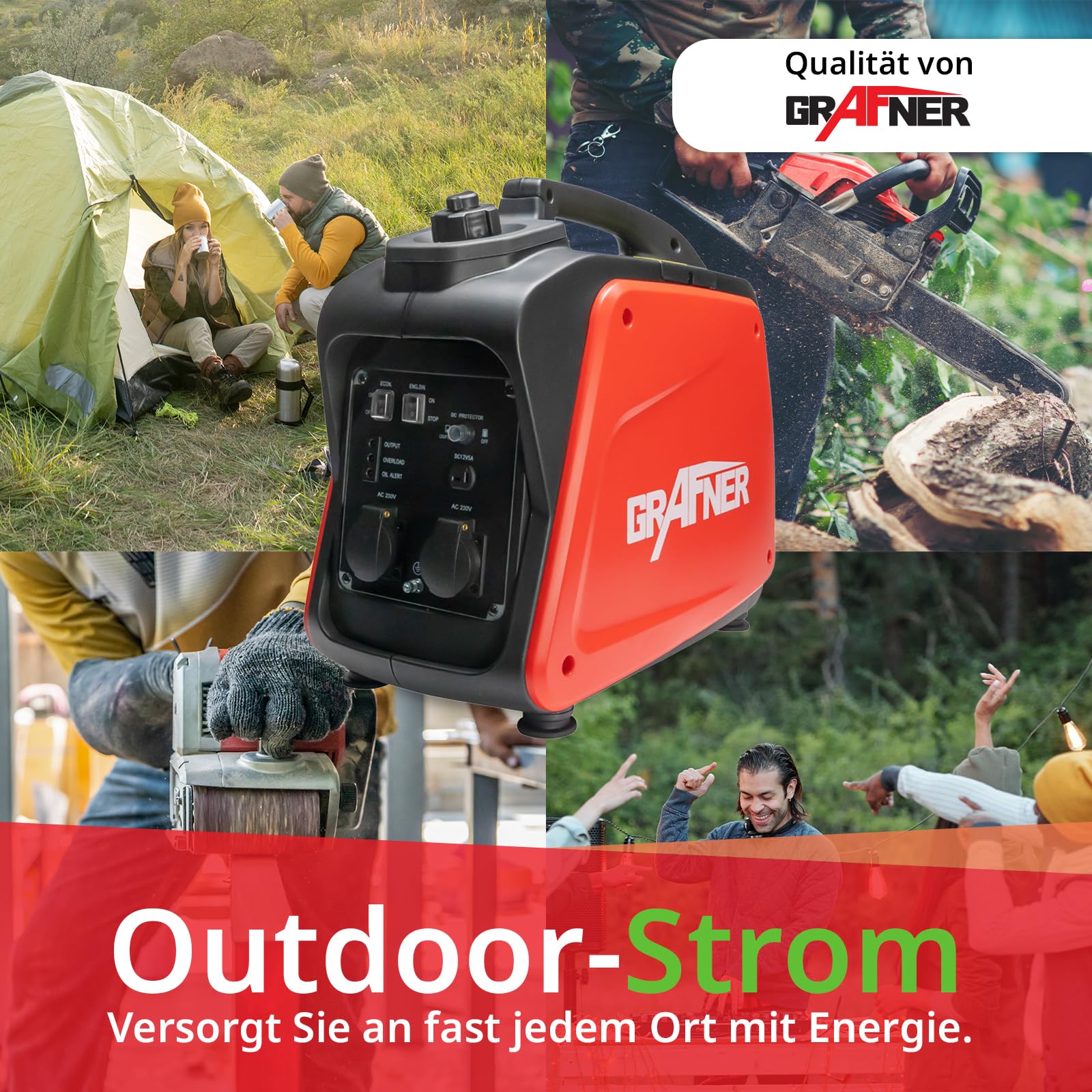 Grafner Inverter Stromerzeuger 2200 W (2 KW Dauerleistung), Benzinbetrieb 4 Takt, 2x 230V, Invertertechnologie für empfindliche Geräte, leicht robust, digitaler Benzin Generator Notstrom Aggregat