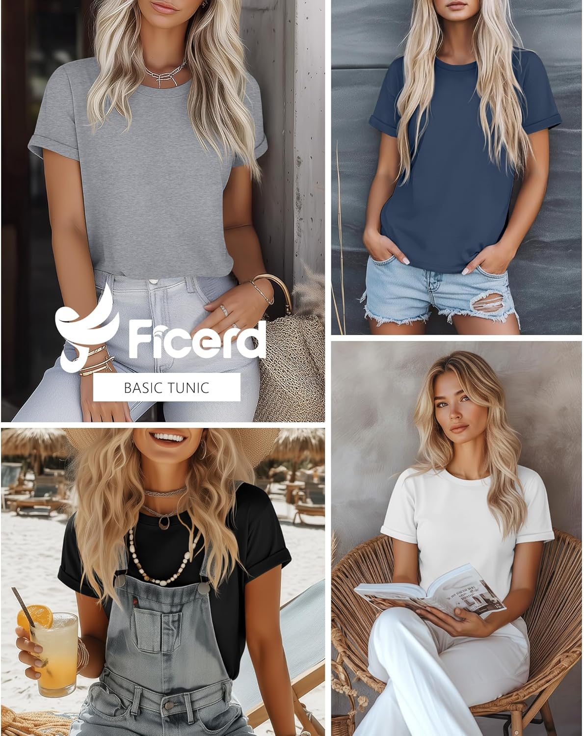 Ficerd 4 Pack Women's Cotton T Shirts Casual Short Sleeve Tunic Tops Crewneck Plain Summer Loose Fit Rolled Sleeve Basic Tee - Image 2