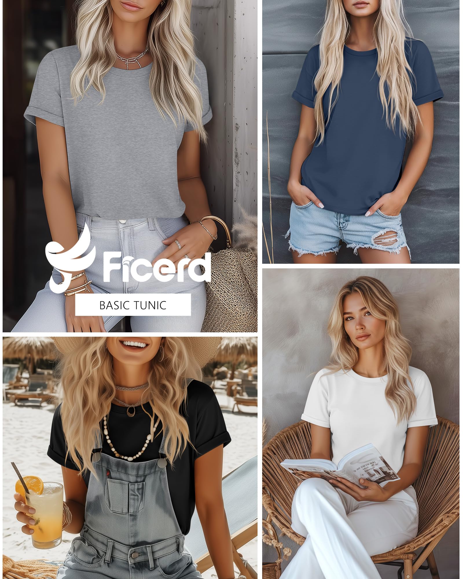 Ficerd Confezione da 4 T-Shirt da Donna in Cotone a Maniche Corte Tinta Unita Estive vestibilità Ampia Maniche Arrotolate