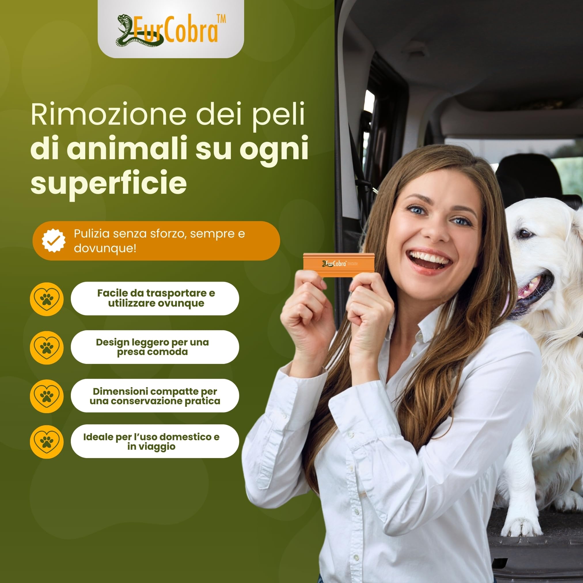 FurCobra PRO Pet Hair Remover 4.33" - Leggero e Compatto, Spazzola Togli Peli Animali per Cane e Gatto per Auto, Divano, Letto, Tappeti e Superfici della Casa - Portatile, Facile da Usare