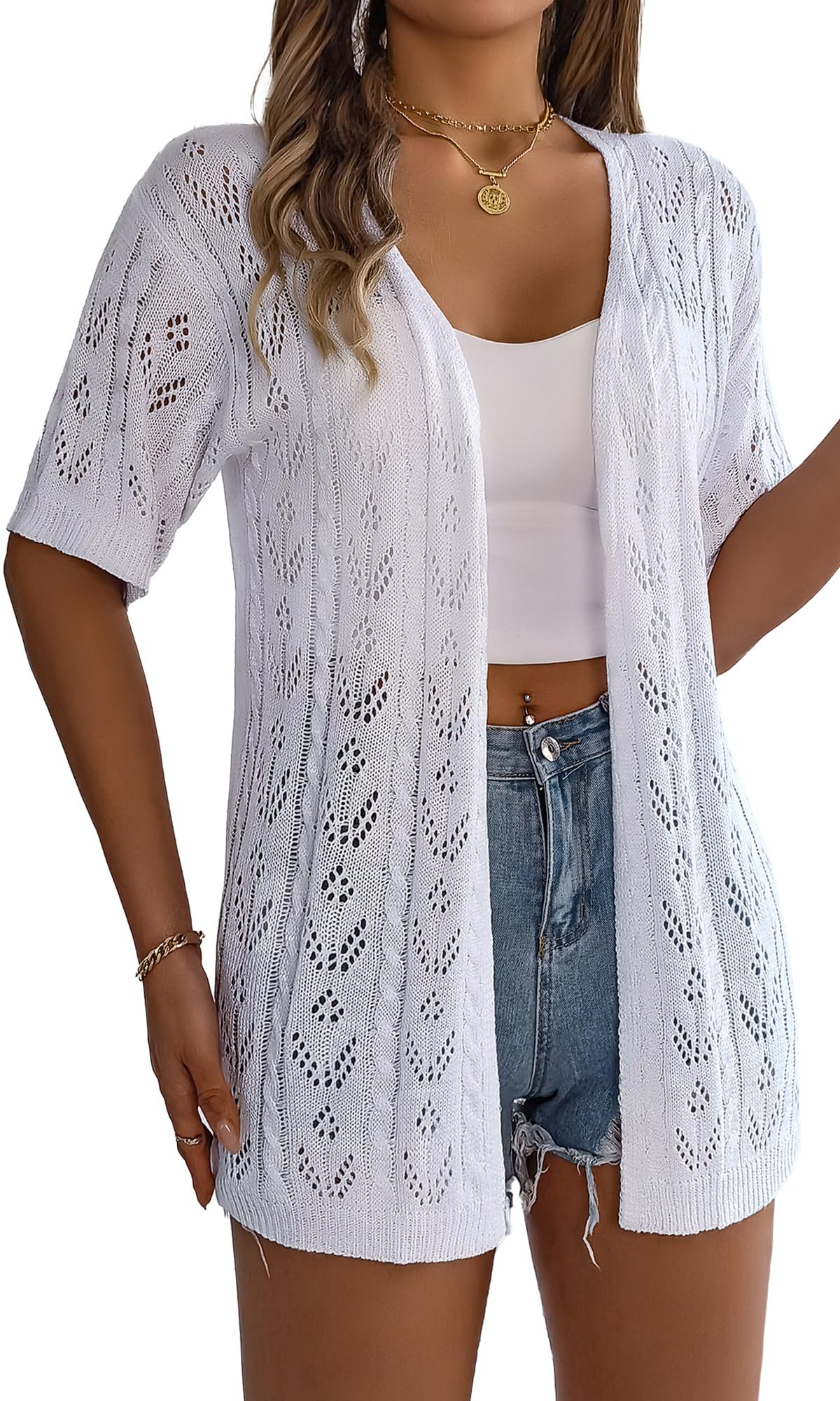 Damen Strickjacke Sommer Leicht Cardigan Jacke Lang Elegant Shirtjacke Kurzarm Festlich Top Dünne Long Blusenjacke Weich Bequem Atmungsaktiv S-XL