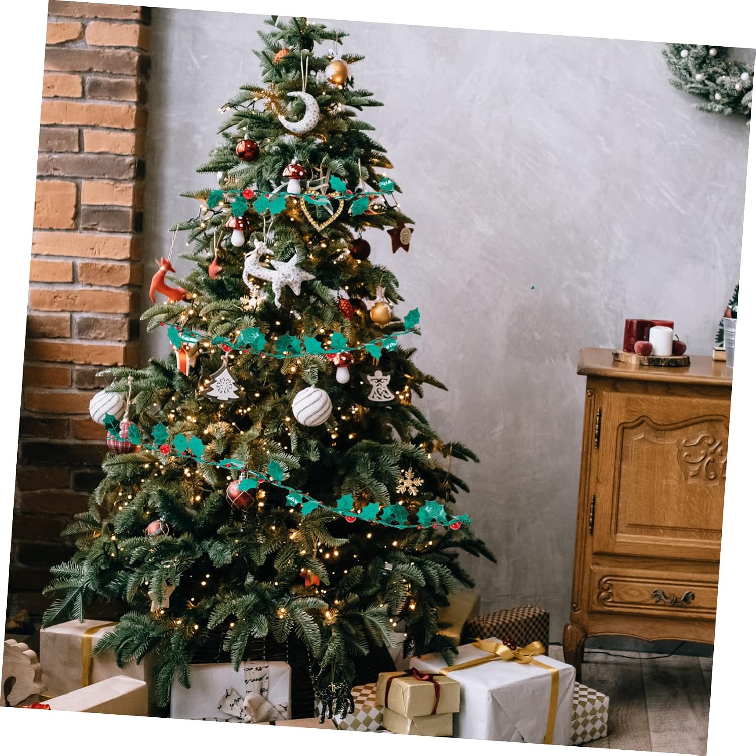 Luxshiny 1roll Christmas Leaf Tinsel Wire Garland Craft Decoration Sturdy Material Flexible for Holiday Decor for Trees Mantelpieces Stair Railings