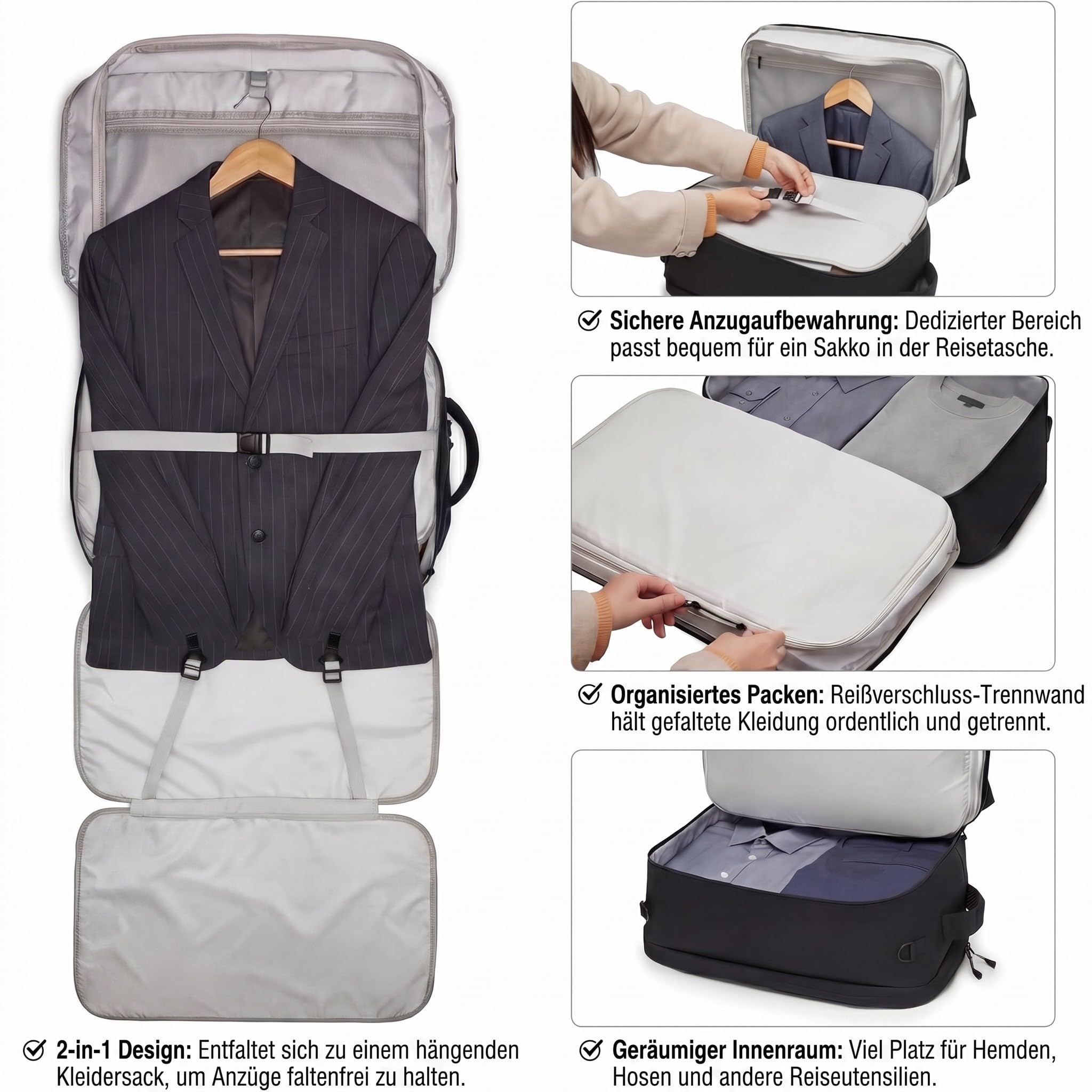 seyfocnia Kleidersack FüR Damen Und Herren, Große Anzugtasche, Weekender Reisetasche Anzugtasche Laptop Rucksack faltbare reisetasche Rucksack handgepäck flugzeug