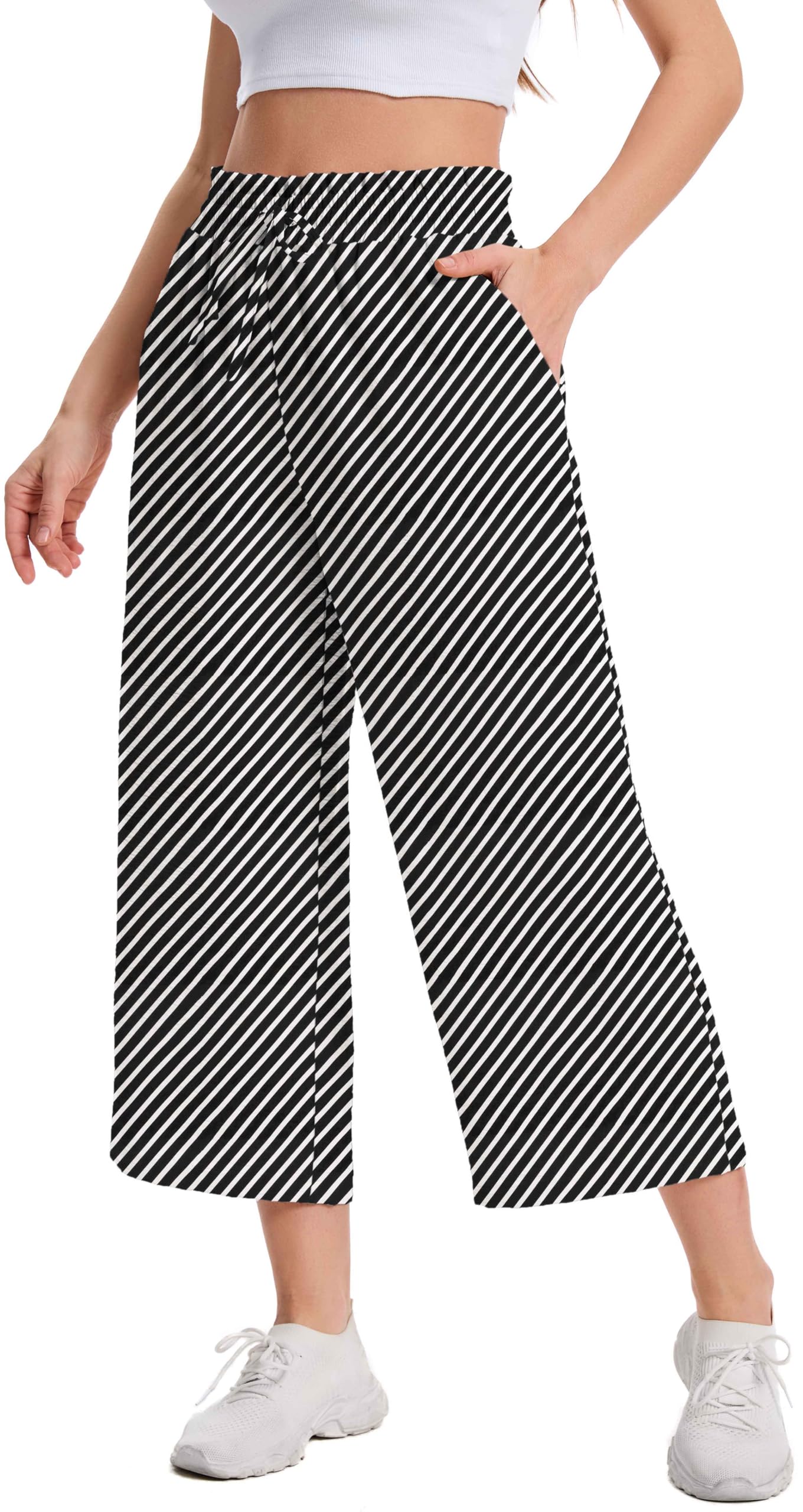 WUWUSKY Damen 3/4 Culotte Hose Leichte Sommerhose mit Taschen | Atmungsaktives Stoff Caprihose für Damen