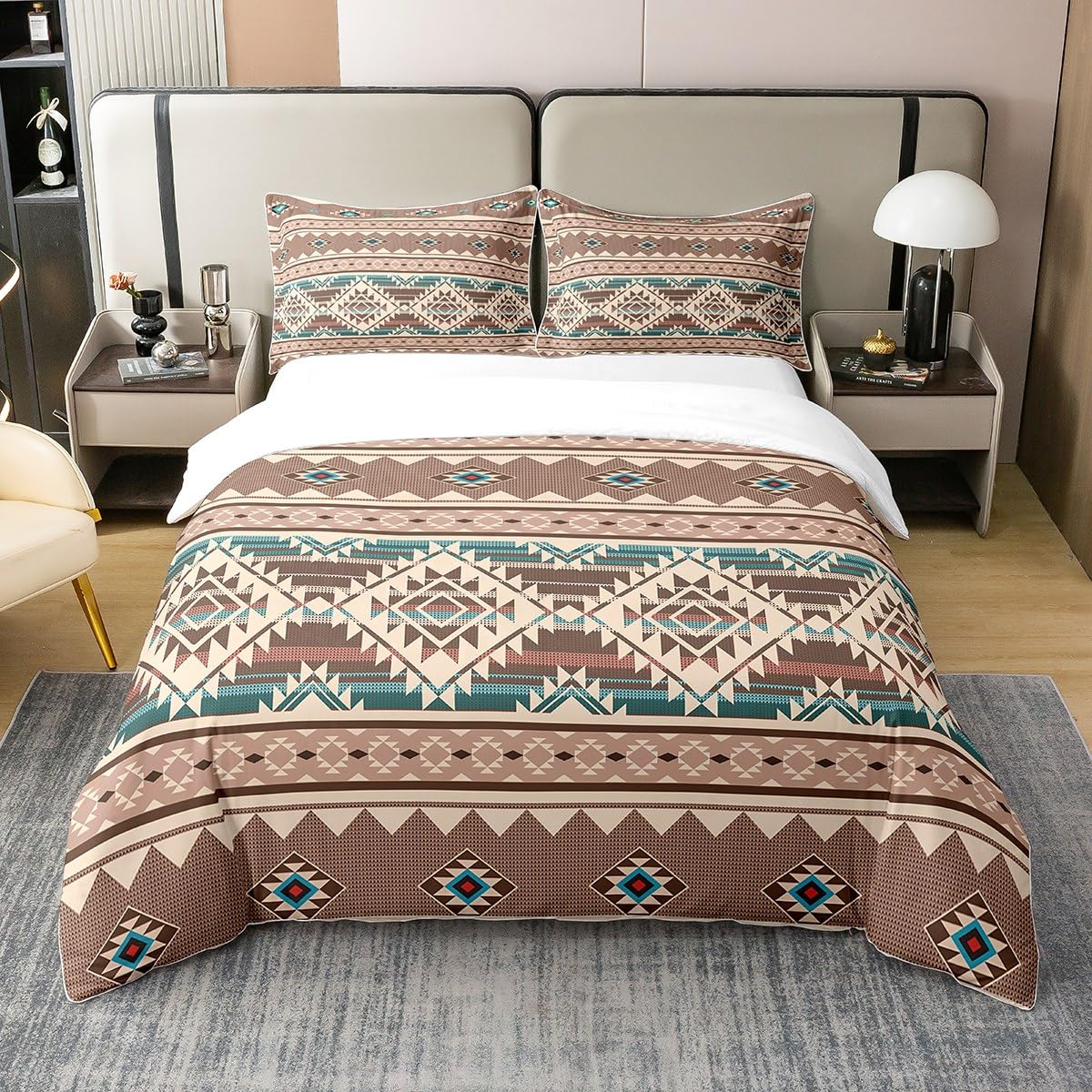 Homewish Western 100 Percent Cotton Duvet Cover Double,Aztec Bedding Set,Exotic Bohemian Native Indian Tribal Comforter Cover,Vintage Geometric Triangle Boho Bed Sets with 2 Pillowcases,Beige Brown