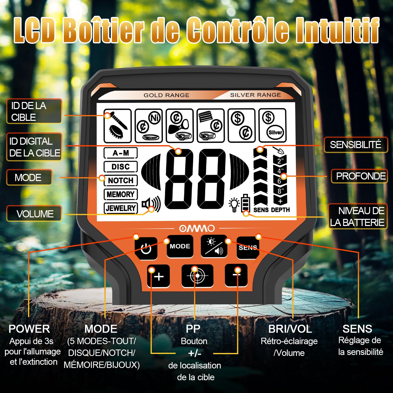 OMMO détecteur de métaux pour Adultes Professionnels, Rechargeable USB, 6 Modes, Tige réglable 69,8-124,5 cm, Bobine étanche IP68 25,4 cm
