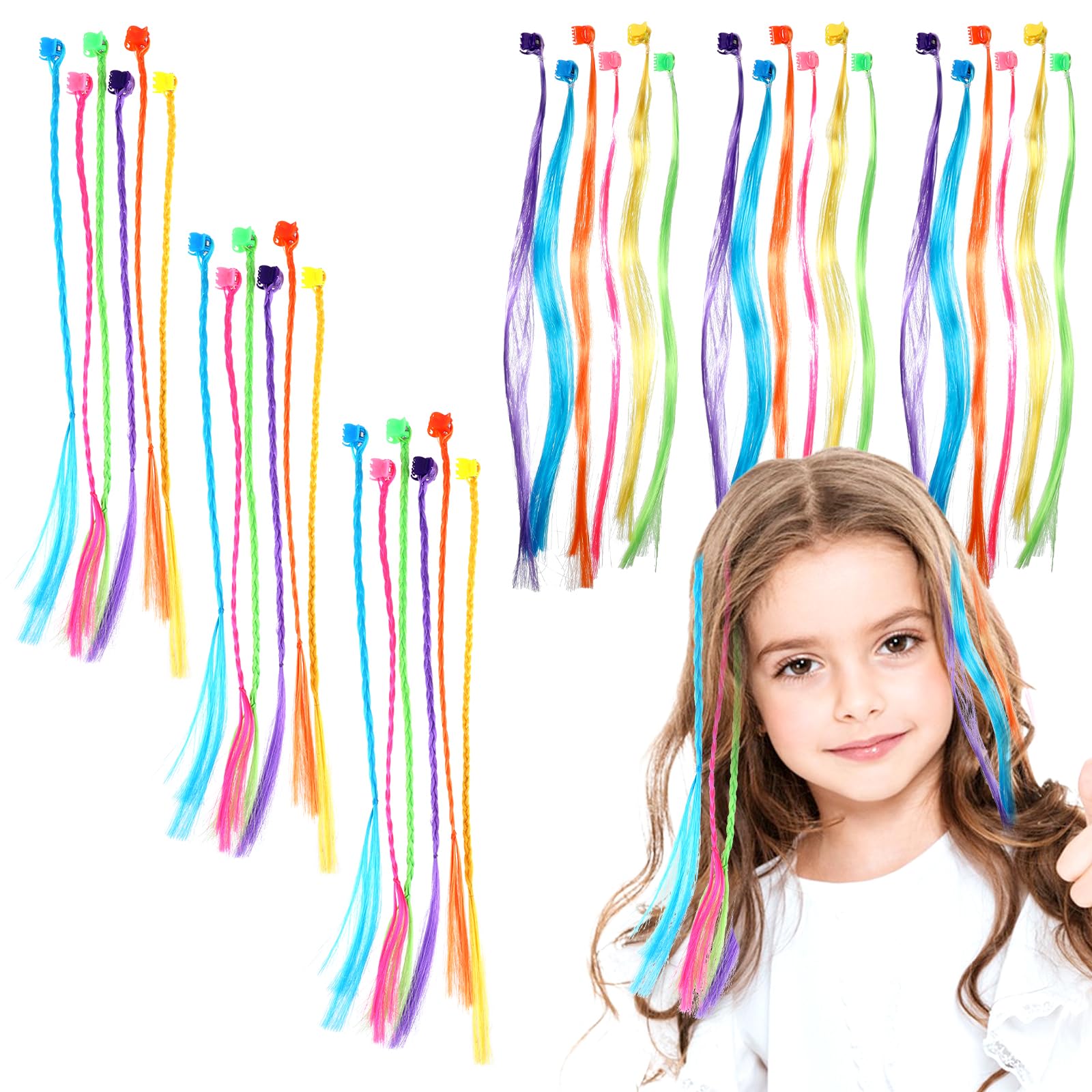 Paquete de 36 extensiones de cabello de colores para niñas, con clip, 13.0 in de longitud, rosa, azul, morado, naranja, verde, amarillo, trenzado y recto