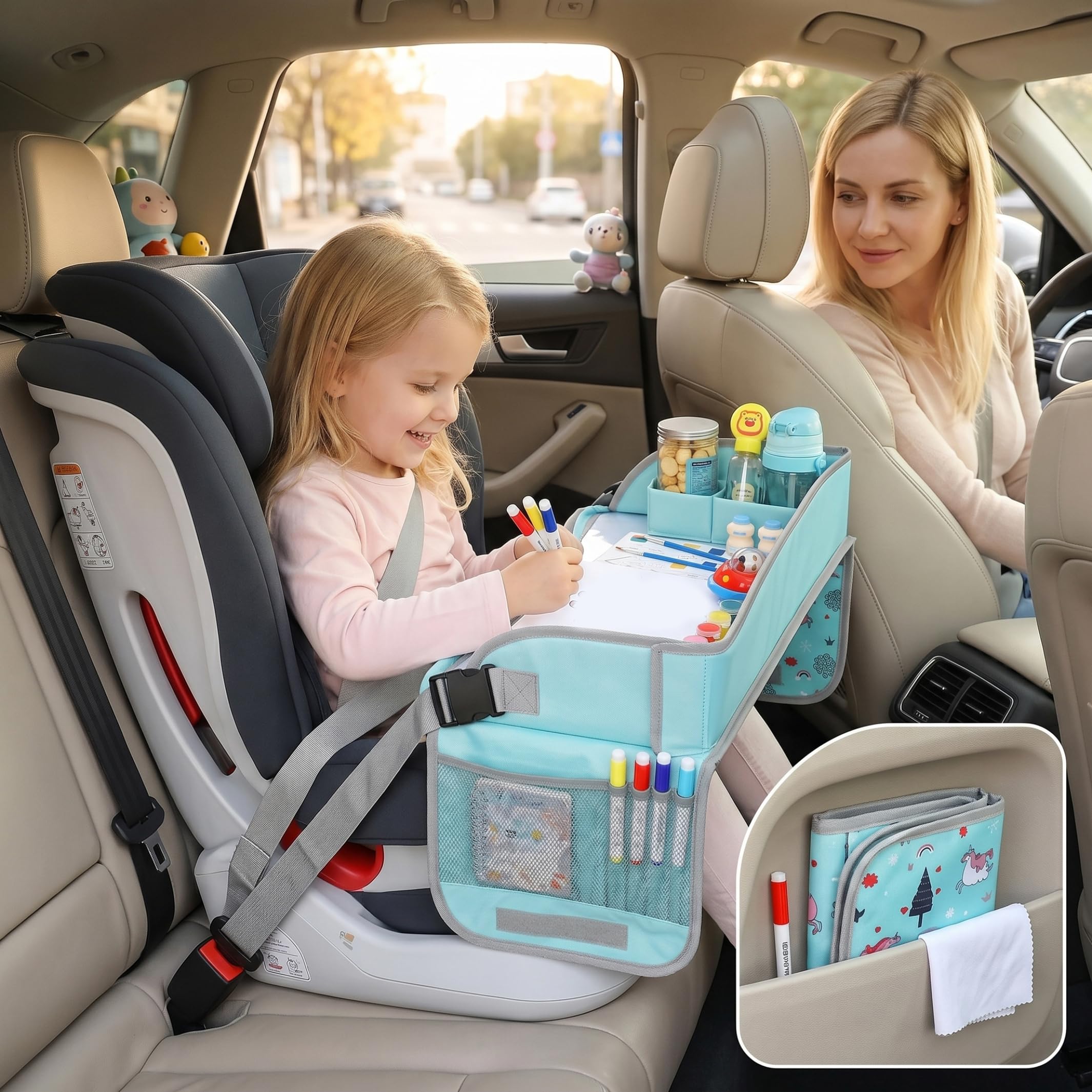 Vassoio da viaggio per seggiolino auto per bambini, tavolo per seggiolino auto Vassoio artistico pieghevole con tasche portaoggetti per scrivere, dipingere, giocare, verde