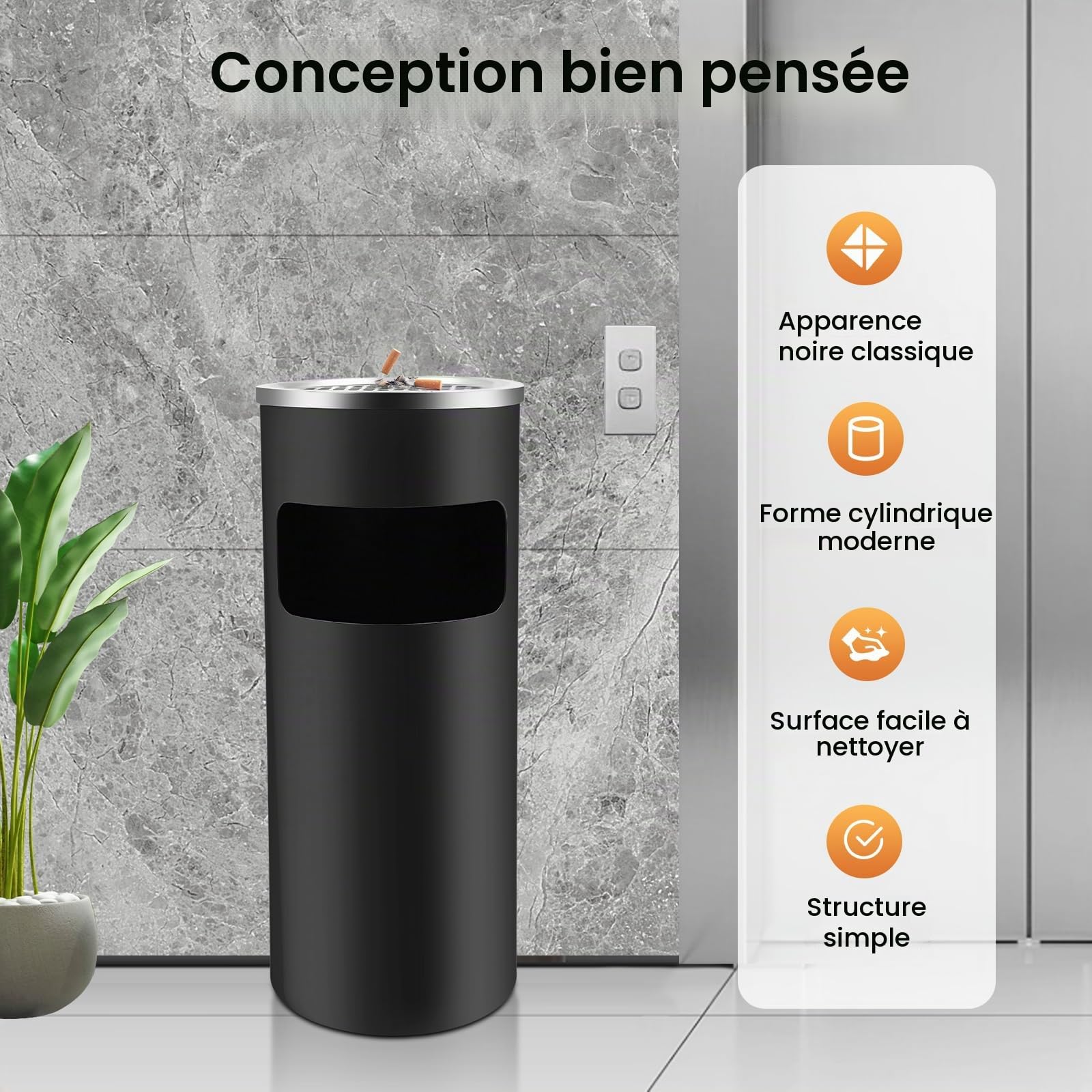 Poubelle en acier inoxydable de 30 litres, cendrier debout, poubelle, poubelle intérieure amovible, poubelle en acier pour bureau, hôtel et jardin (noir)