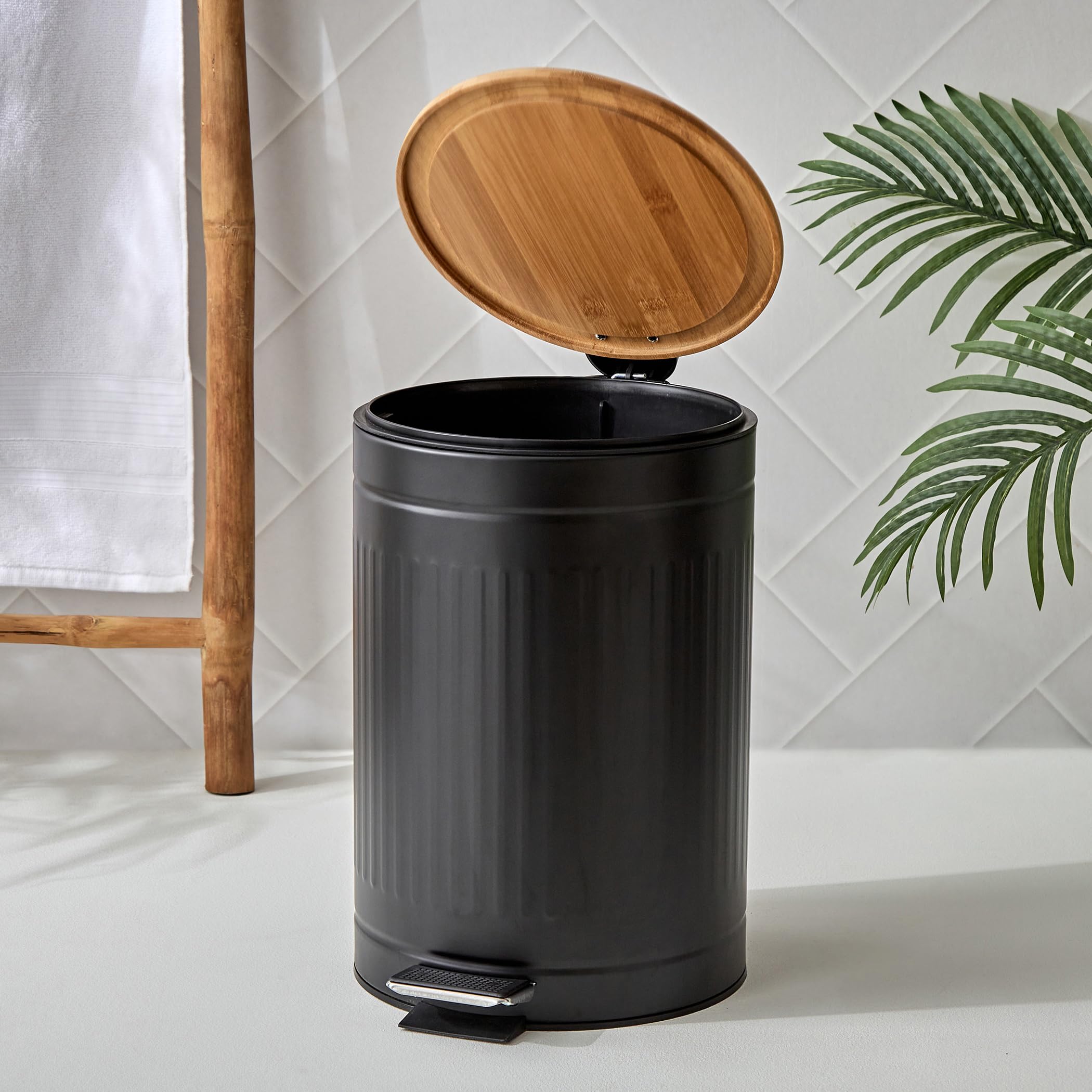Home Centre Sedona Flute Metal Pedal Waste Bin with Bamboo Lid - 12L