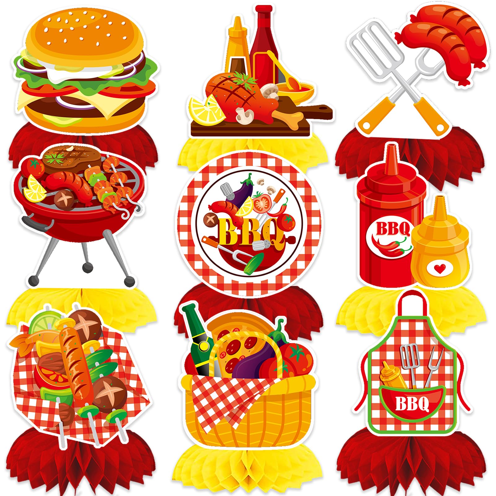 Qpout 9PCS BBQ Baby Shower Honeycomb Centerpieces Carnival BBQ Theme Tables Topper Decorations for Baby Q Birthday Party Summer Barbecue Picnic Party