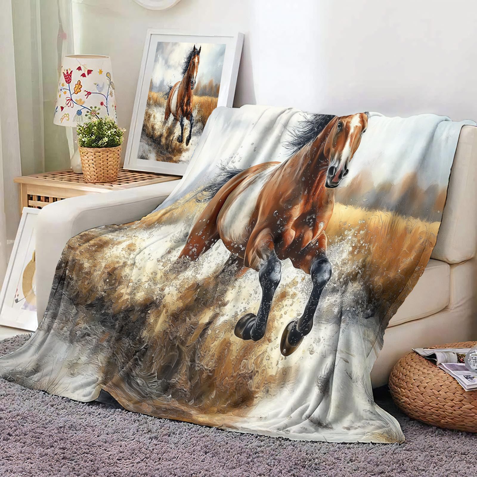 Coperta Cavallo Al Galoppo Pile, Coperta Letto Singolo Matrimoniale 220X240Cm Flanella, Motivo Animale Coperta Divano Grande Caldo Morbida E Accogliente, Coperta Da Divano
