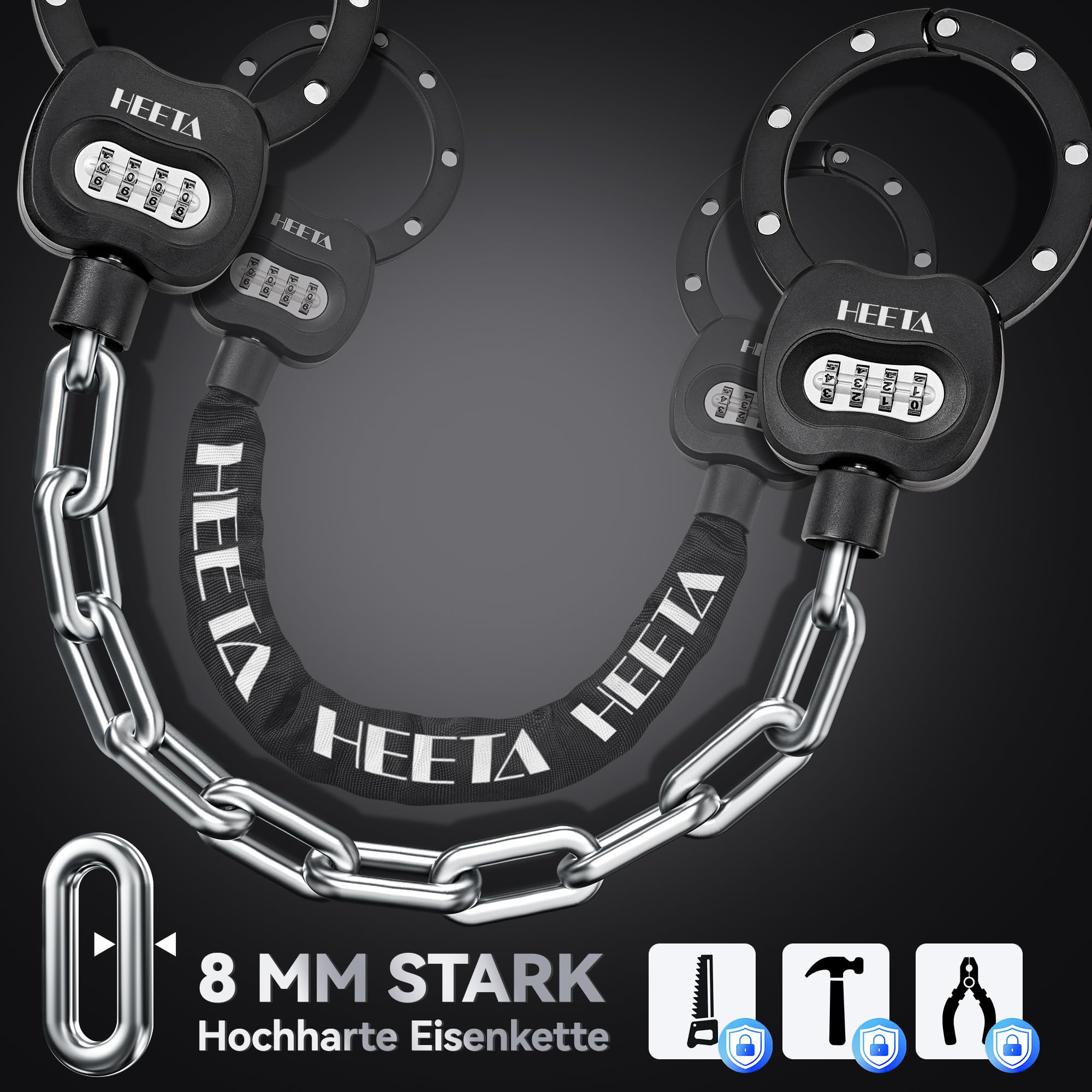HEETA E Scooter Schloss Zahlenschloss mit Tasche, 8mm Fahrradschloss Hohe Sicherheit, e Roller Schloss Handschellenschloss, Kettenschloss Fahrrad Zubehör Bike Lock für E-Scooter Fahrräder Motorrad
