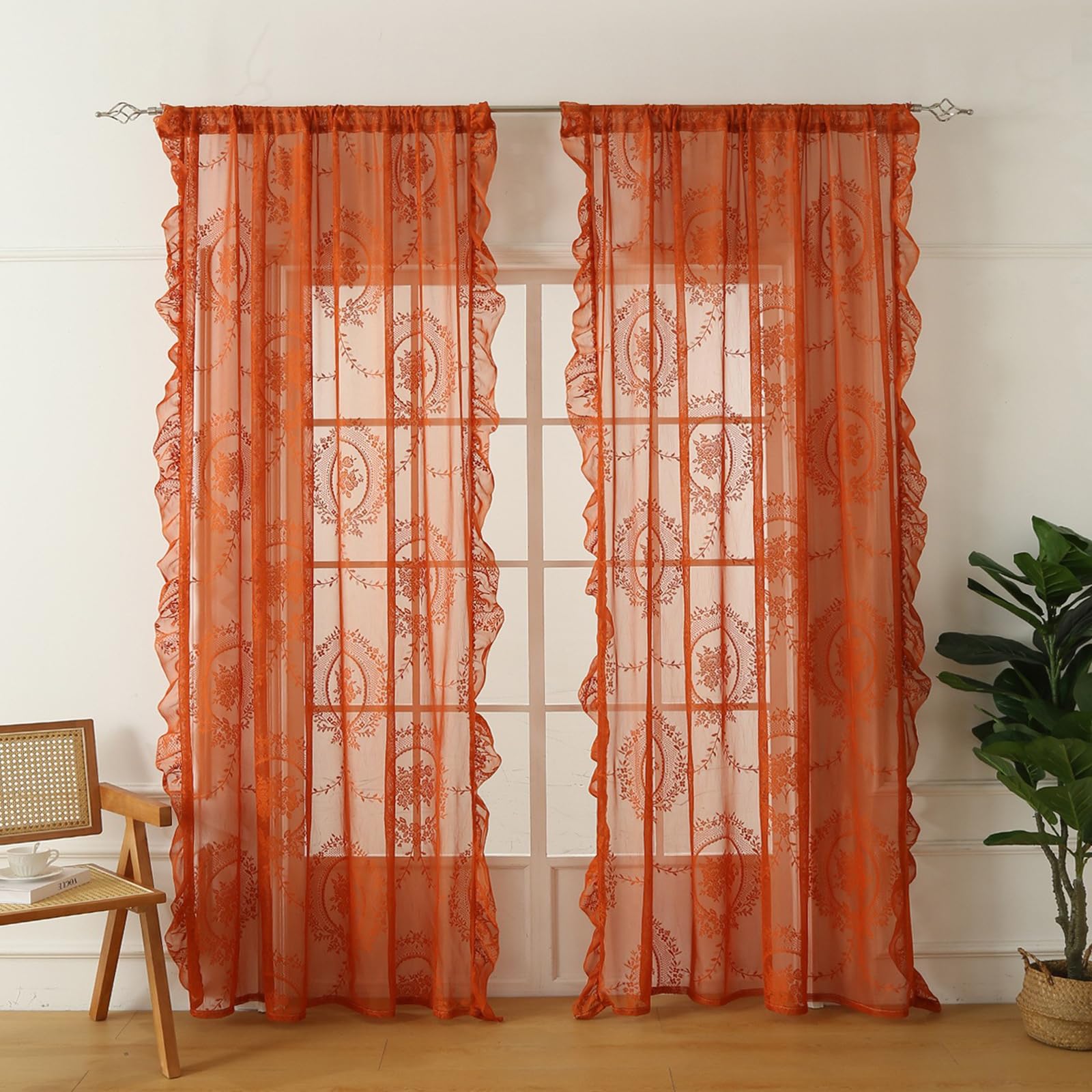 Französische Spitzenvorhang Durchlässig Spitzenvorhang, 2 Stück Spitzengardinen Gardinen Vintage-Fensterbehandlung Ösenvorhang für Wohnzimmer Schlafzimmer (Orange-140x260CM)