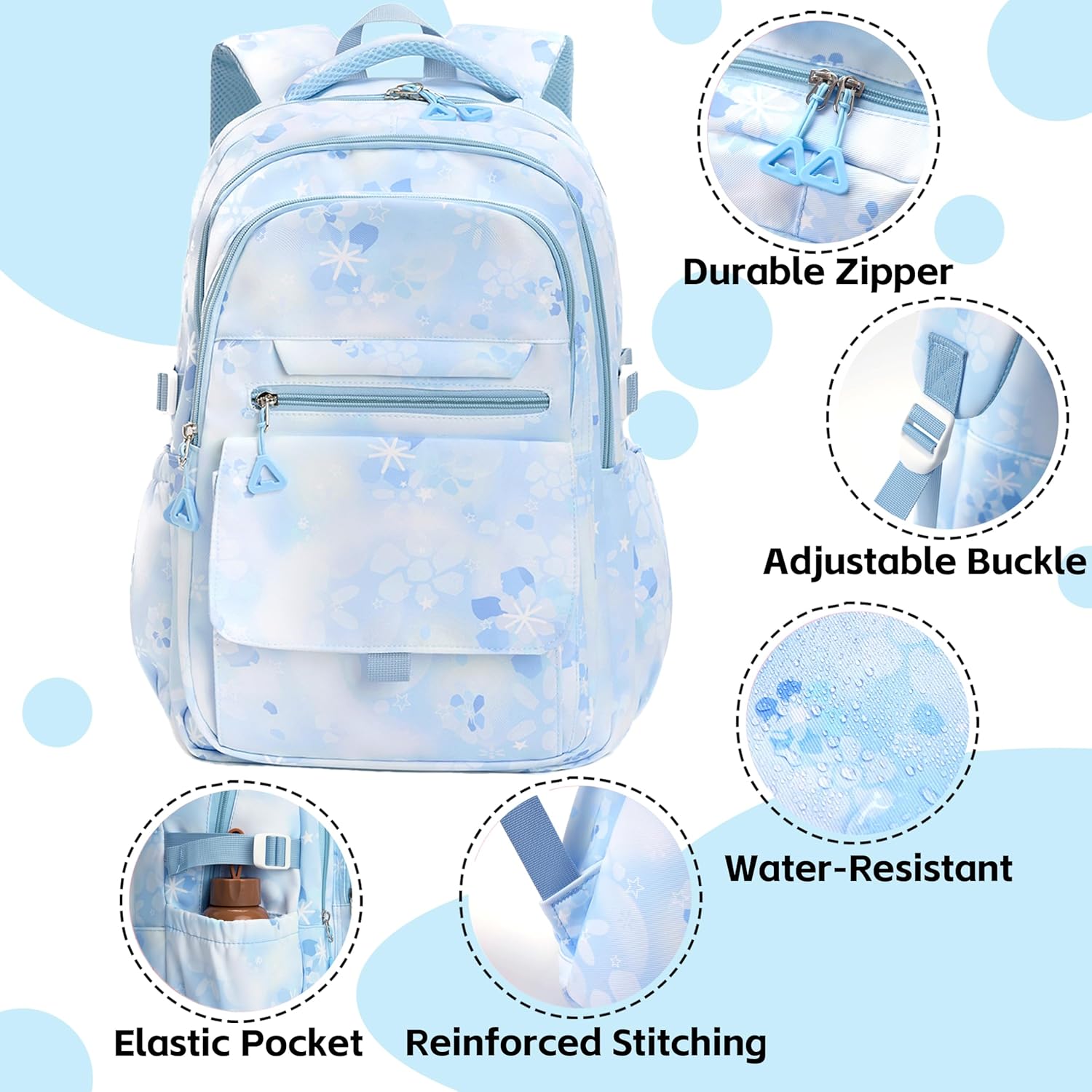 Kids Backpack for Girls Flower schoolbag with Lunch Bag & Pen Case Waterproof Girl Bookbag for Elementary school (blue) - Image 6