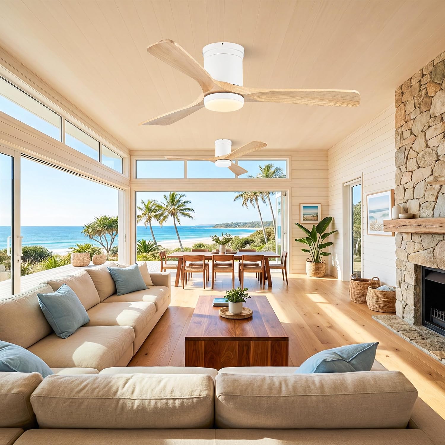 52 Inch Flush Mount Ceiling Fans with Lights, Low Profile Smart Ceiling Fan with Alexa & Remote Control, White Natural Wood 3 Blades Indoor Outdoor Ceiling Fans for Bedroom Patio
