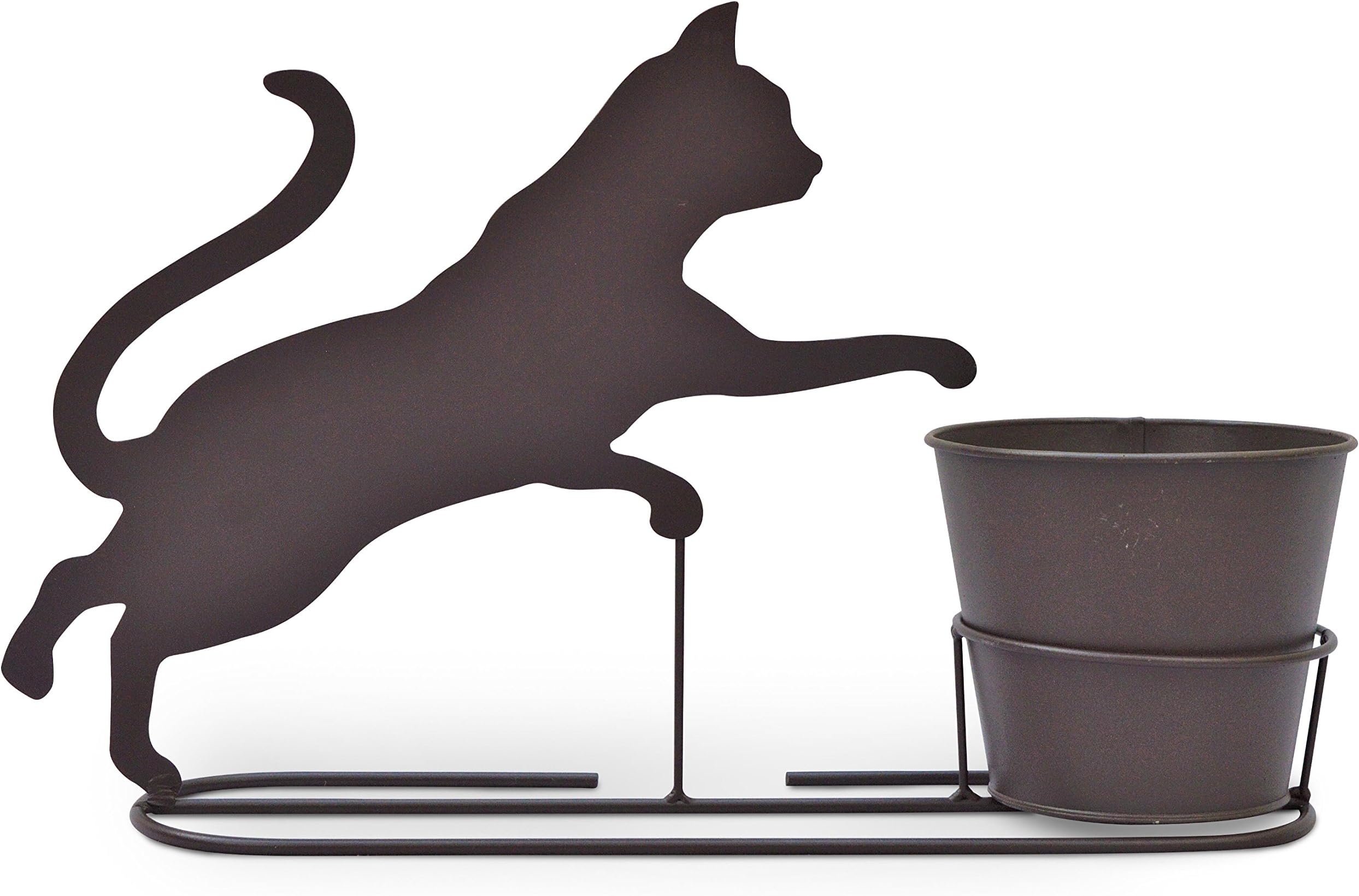 Rustic Garden Plant Pot and Stand with Playful Kitten Silhouette
