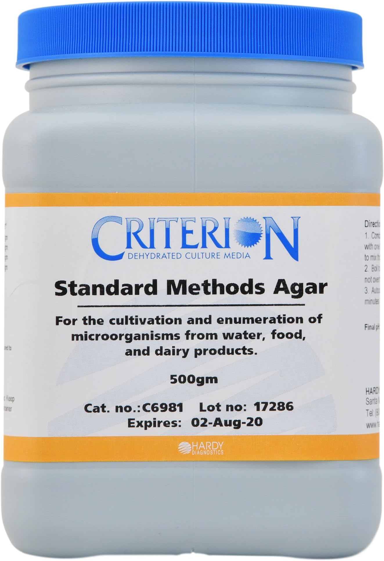 Standard Methods Agar (Plate Count Agar/Tryptone Glucose Yeast (TGY) Agar), CRITERION Dehydrated Culture Media, 500gm Wide-Mouth Bottle, by Hardy Diagnostics