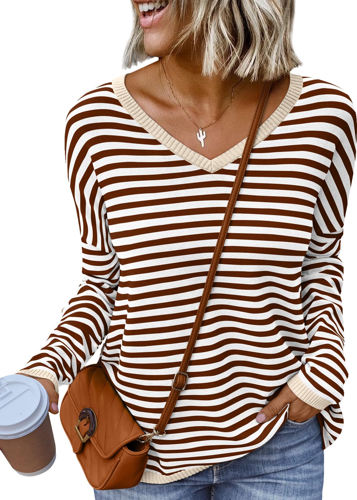 LILLUSORYWomens Long Sleeve Oversized Sweaters Fall Outfits 2024 V Neck Striped Pullover Clothes