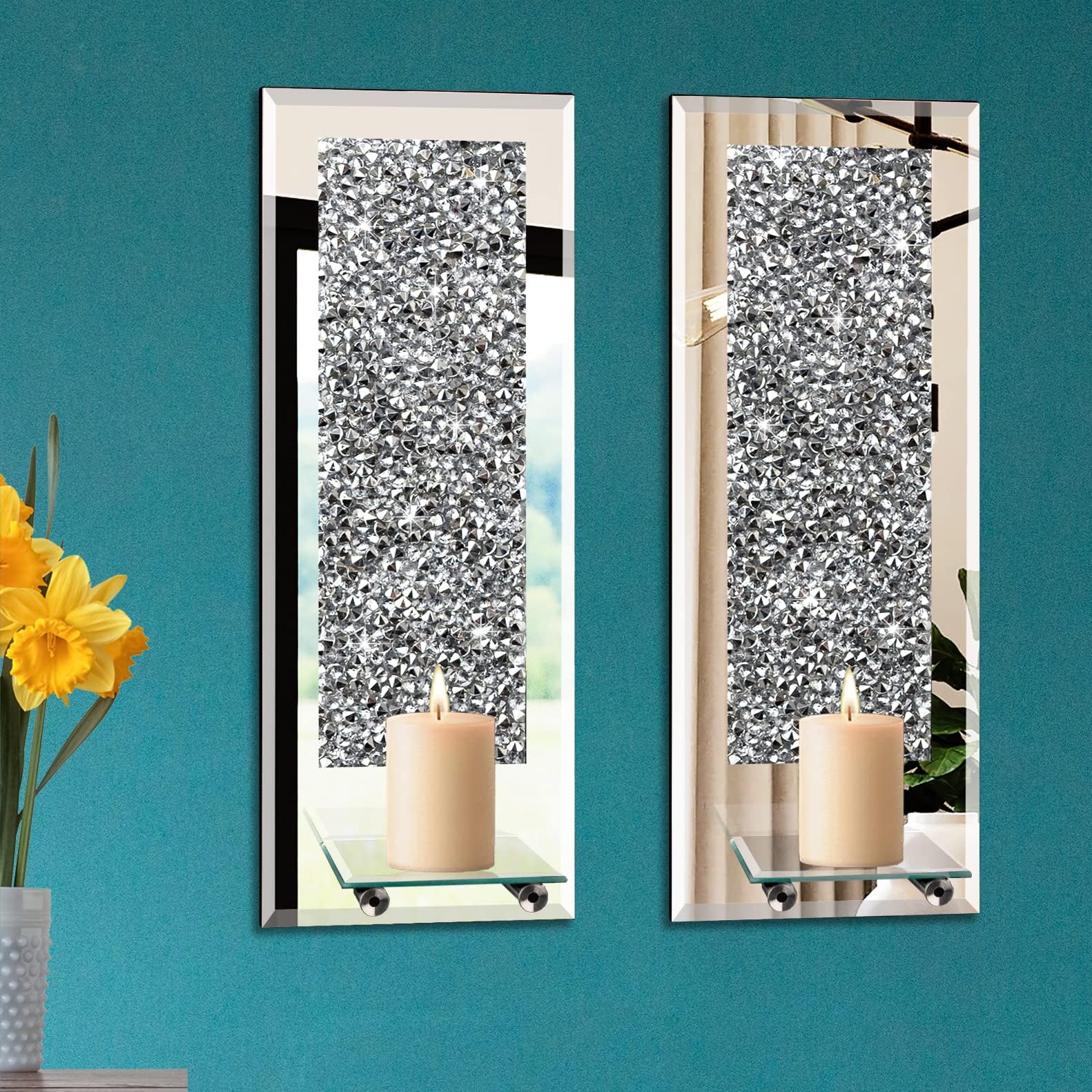 Phore Wall Candle Sconces Set of 2 Crystal Crush Diamond Mirrored Candle Holder Wall Decorations for Living Room, Dining Room, Bedroom & Bathroom