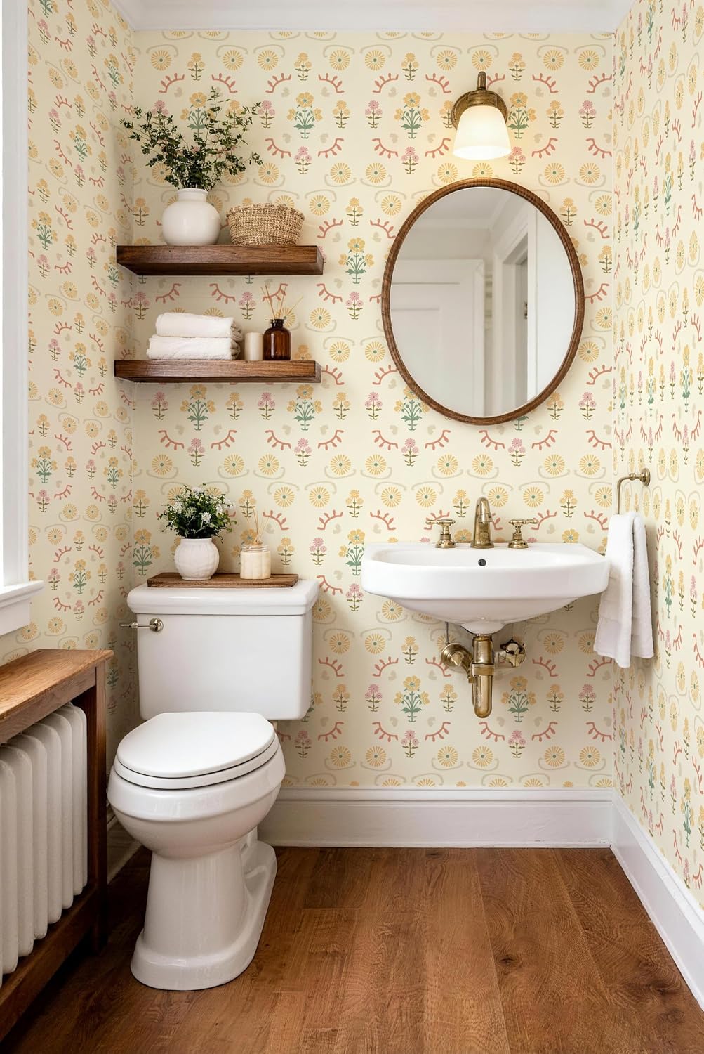 Boho Floral Peel and Stick Wallpaper, Beige Vintage Retro Flower Wall Paper Removable Self Adhesive Contact Paper 17.3" x 393.7" for Bedroom Living Room Cabinets Drawers