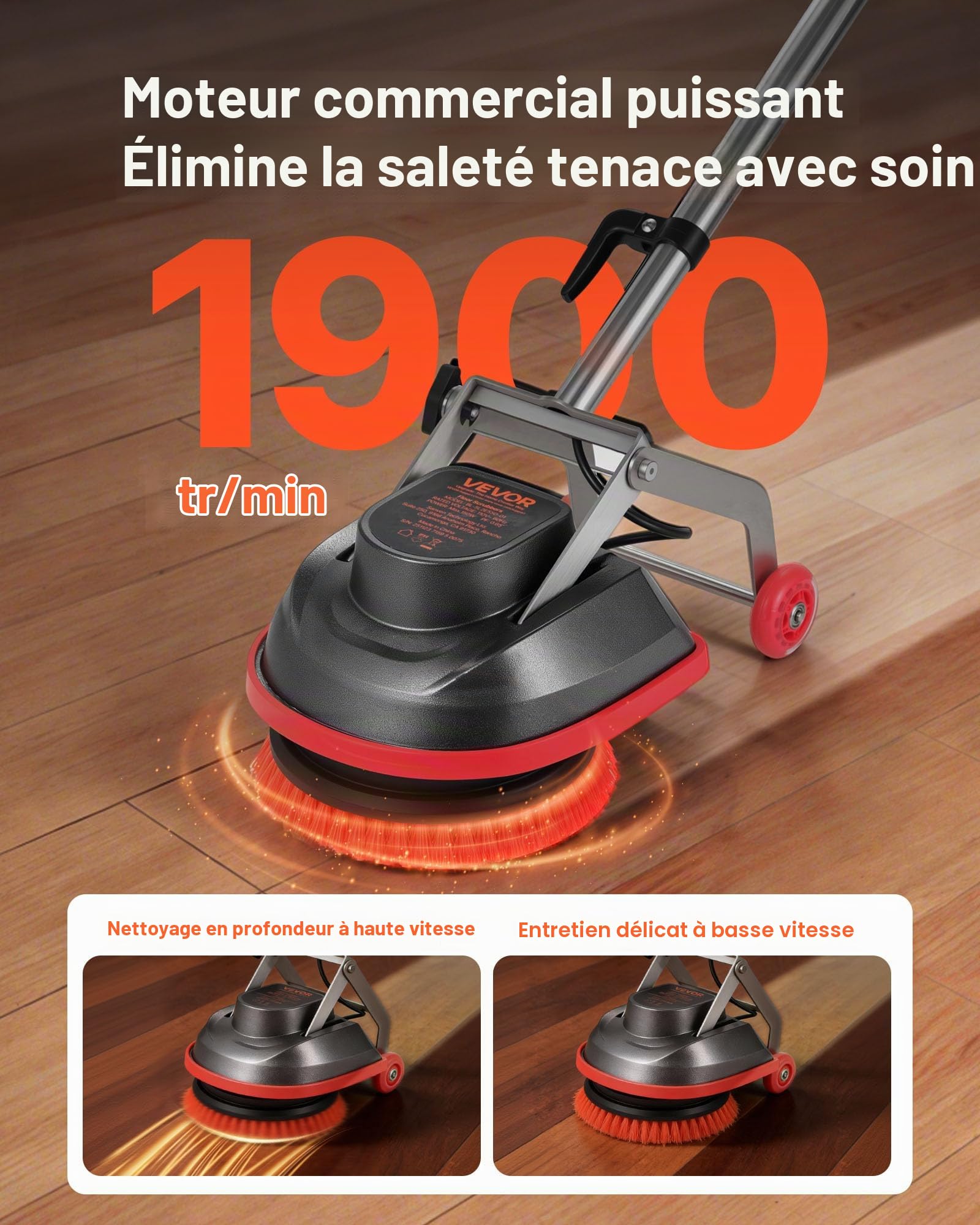 VEVOR Monobrosse, Nettoyeur de Sol à Brosse Rotative, pour Carrelage Parquet Moquettes, Laveuse Électrique 2 Roulettes, Cireuse et Poliseuse Vitesse 1900 tr/min Max., Câble 13 m, 3 Pads et 3 Brosses