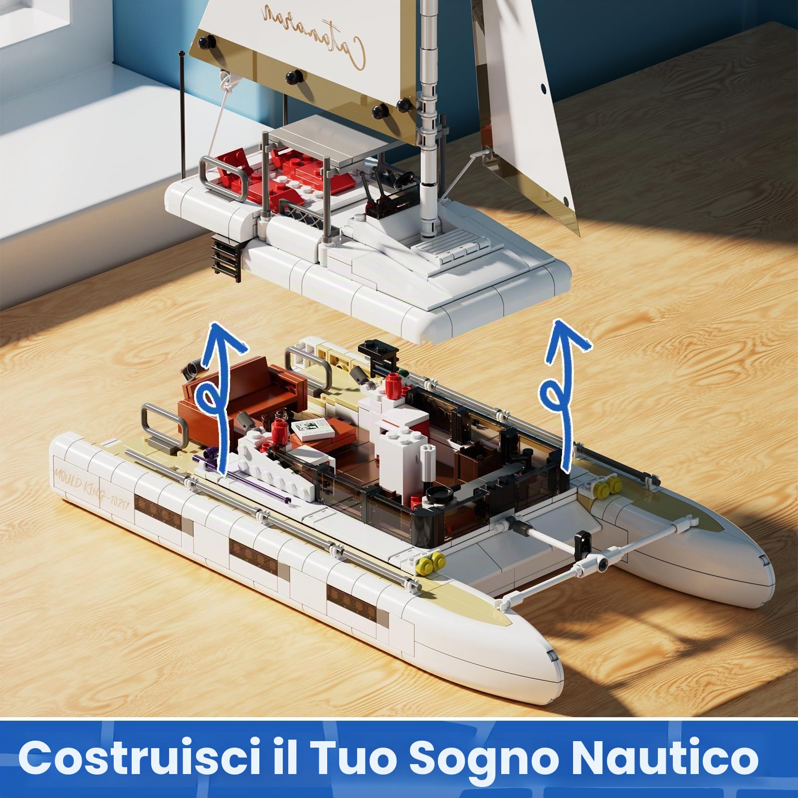 Mould King 10217 Blocchi di costruzione della nave a vela catamarano nave giocattolo con vela in tessuto e zona prendisole compatibile con altre marche (893 pezzi)
